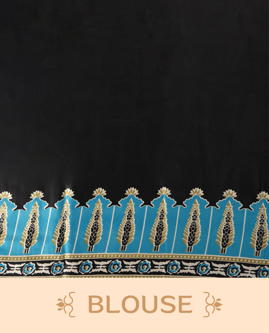 Beige colour saree with olive green stripes, highlighted by a striking black geometric border and a beautifully patterned pallu with intricate motifs, comes with a matching blouse.
