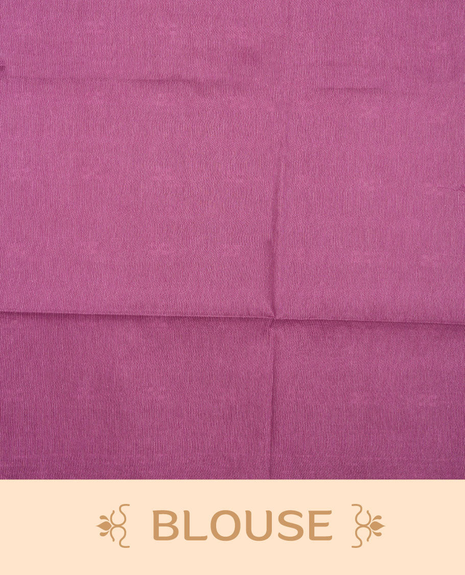Dark Magenta purple colour semi jute saree highlighting white thread motifs on body, without border and paired with matching blouse.