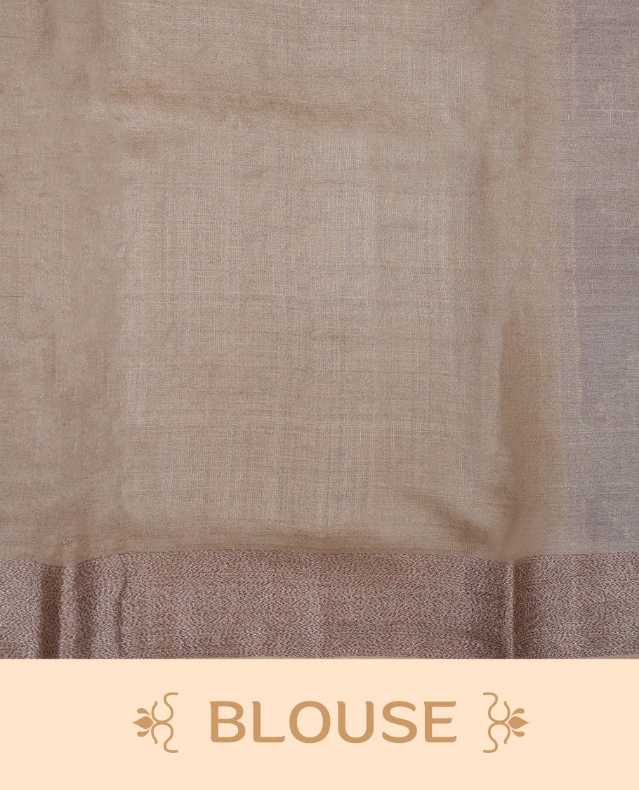 Mauve colour pure banaras tusser silk saree highlighting antique zari pattern across body, with contrast cream colour with zari border and paired with matching blouse