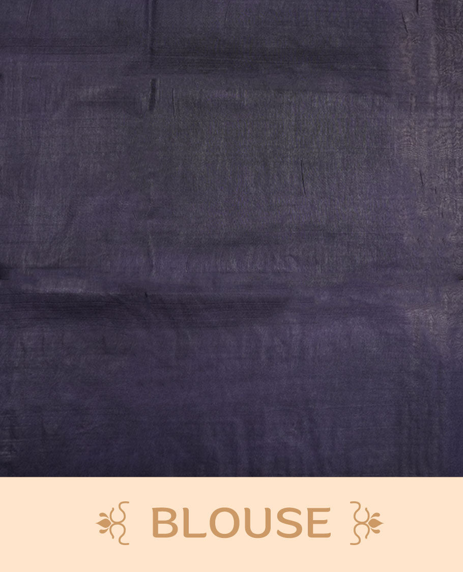 Cream & Dark blue dye pattern colour semi jute saree highlighting white stripped body, without border and paired with matching blouse.