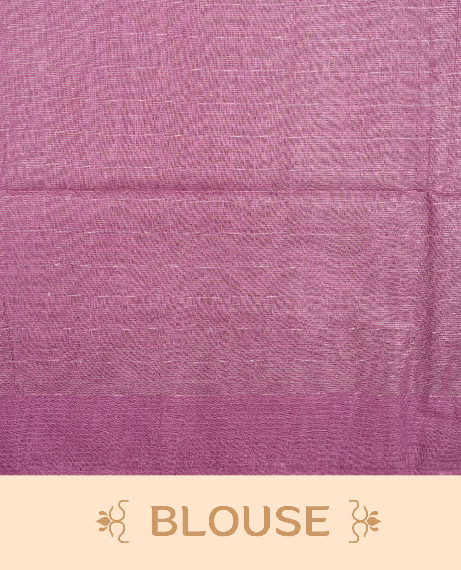 Pink colour semi jute saree highlighting gold zari striped body, without border and paired with matching blouse.