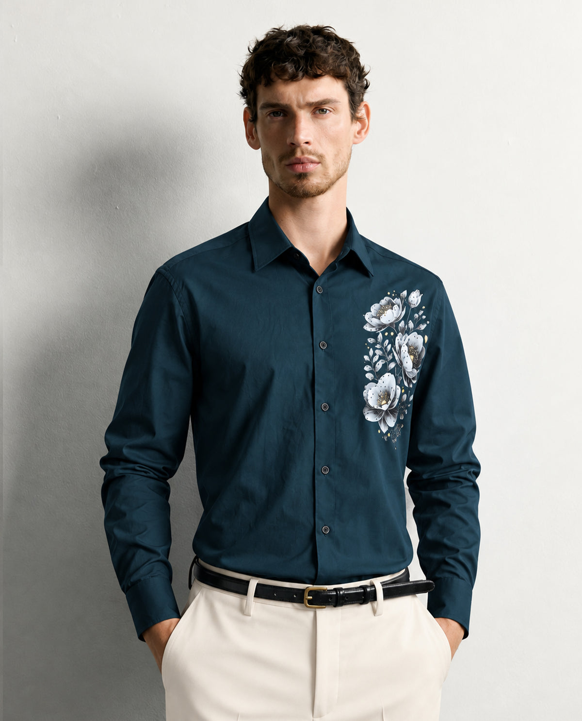 Dark green colour shirt with Floral patterned body, Full sleeve.