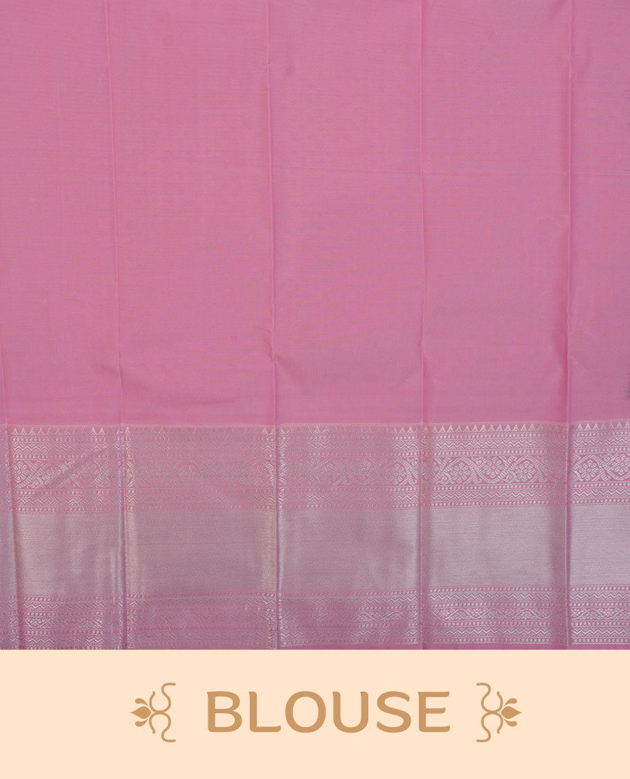 Black colour semi silk saree highlighting silver zari check pattern and motifs across body, featuring contrast baby pink colour border with silver zari pattern, comes with matching blouse .