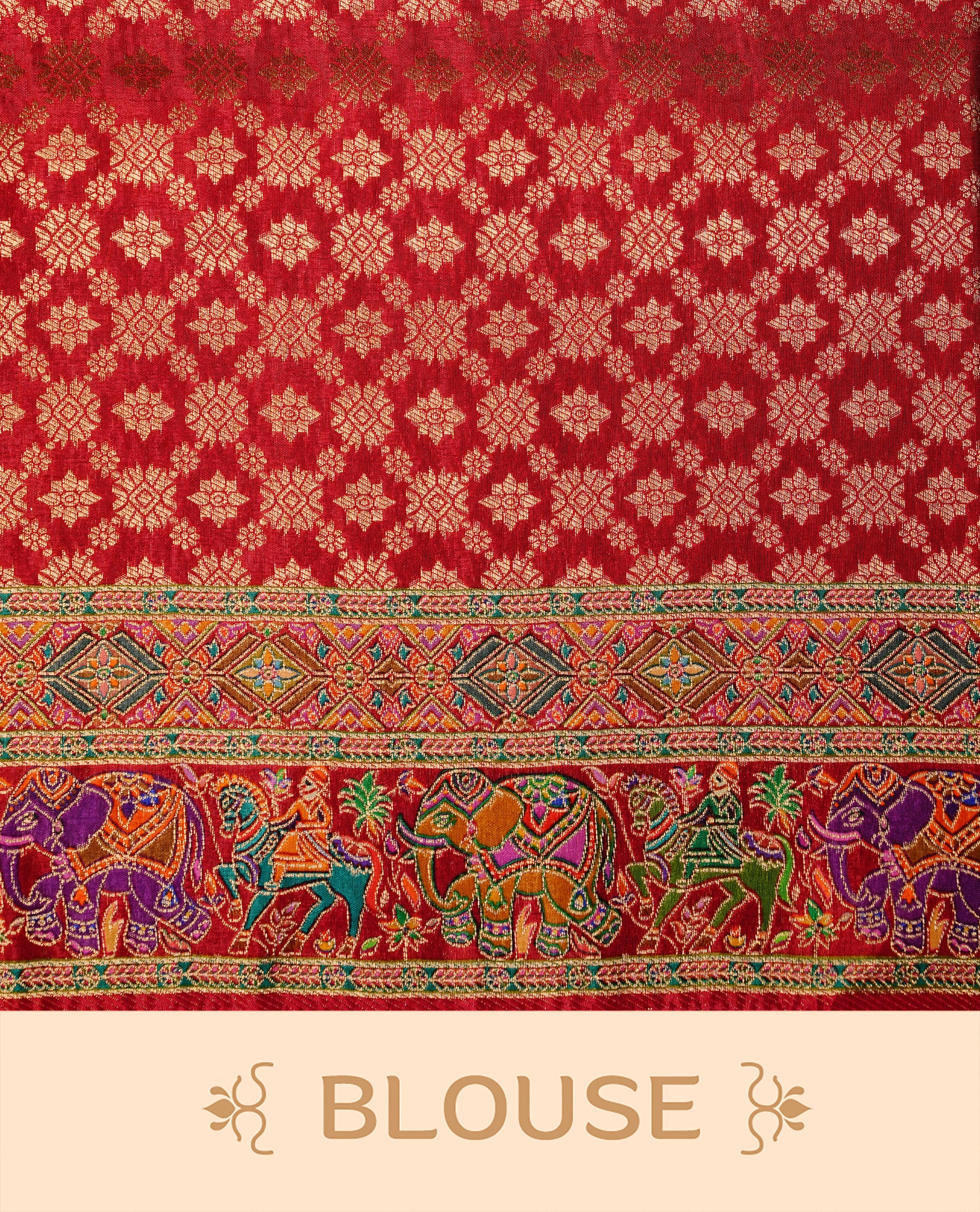 Olive green colour Pashmina Saree featuring Plain body, a contrast multicolour Temple & Paisley woven motifs border with red edging, an ornate paisley woven pallu, paired with a matching blouse.