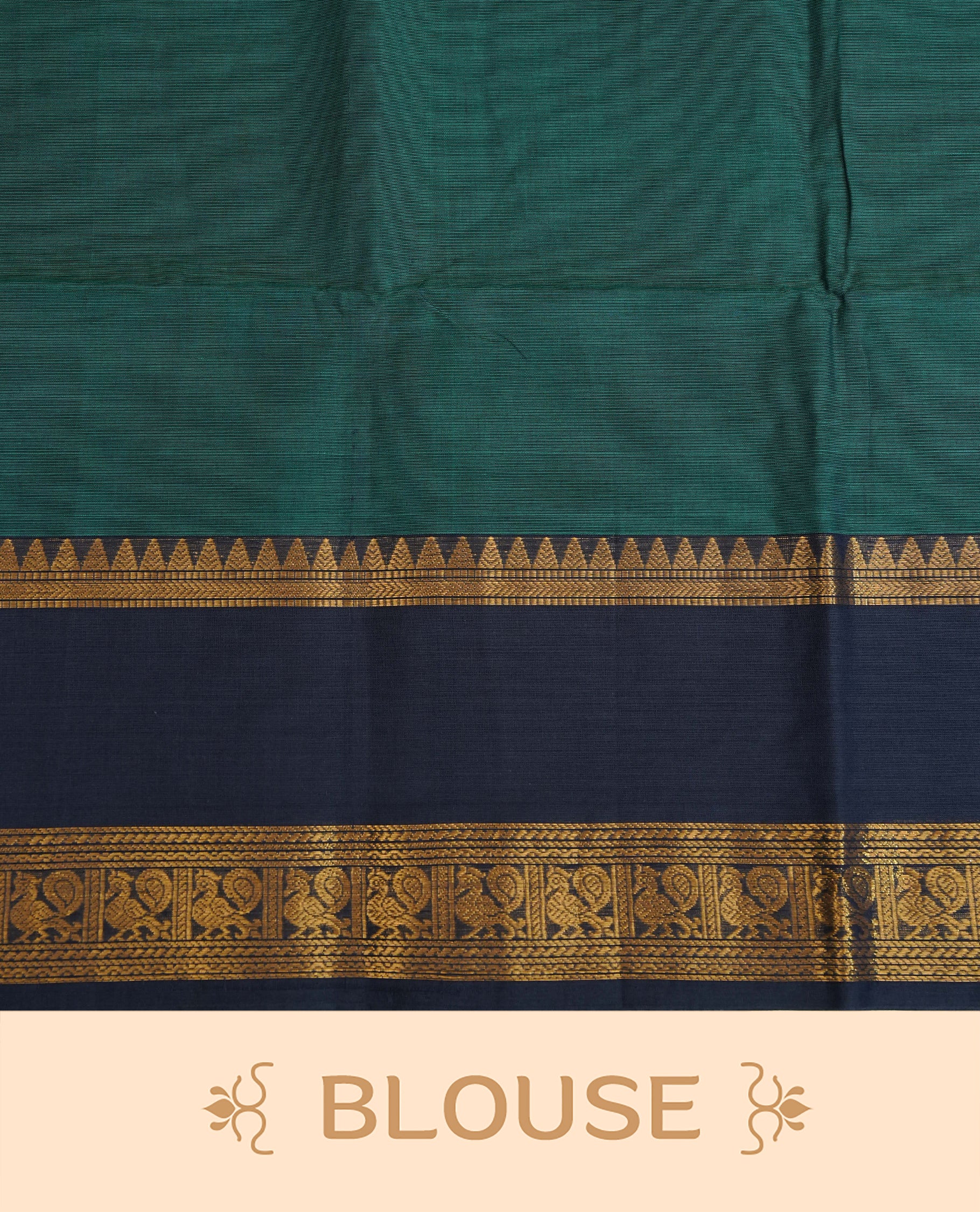 Teal colour chettinad cotton saree featuring Elegant plain body,Contrast Blue colour with Gold zari border, comes with matching blouse piece.