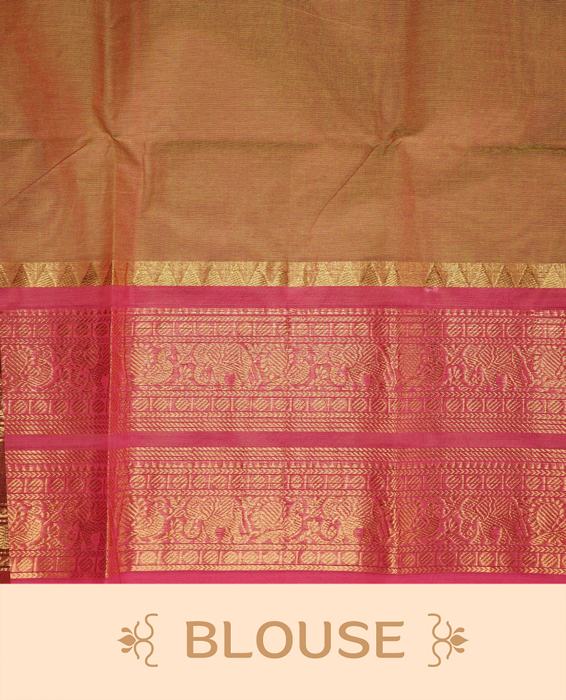 Olive colour Chettinad cotton saree featuring Elegant plain body, complemented by contrast Maroon colour with gold zari border, paired with matching blouse piece.