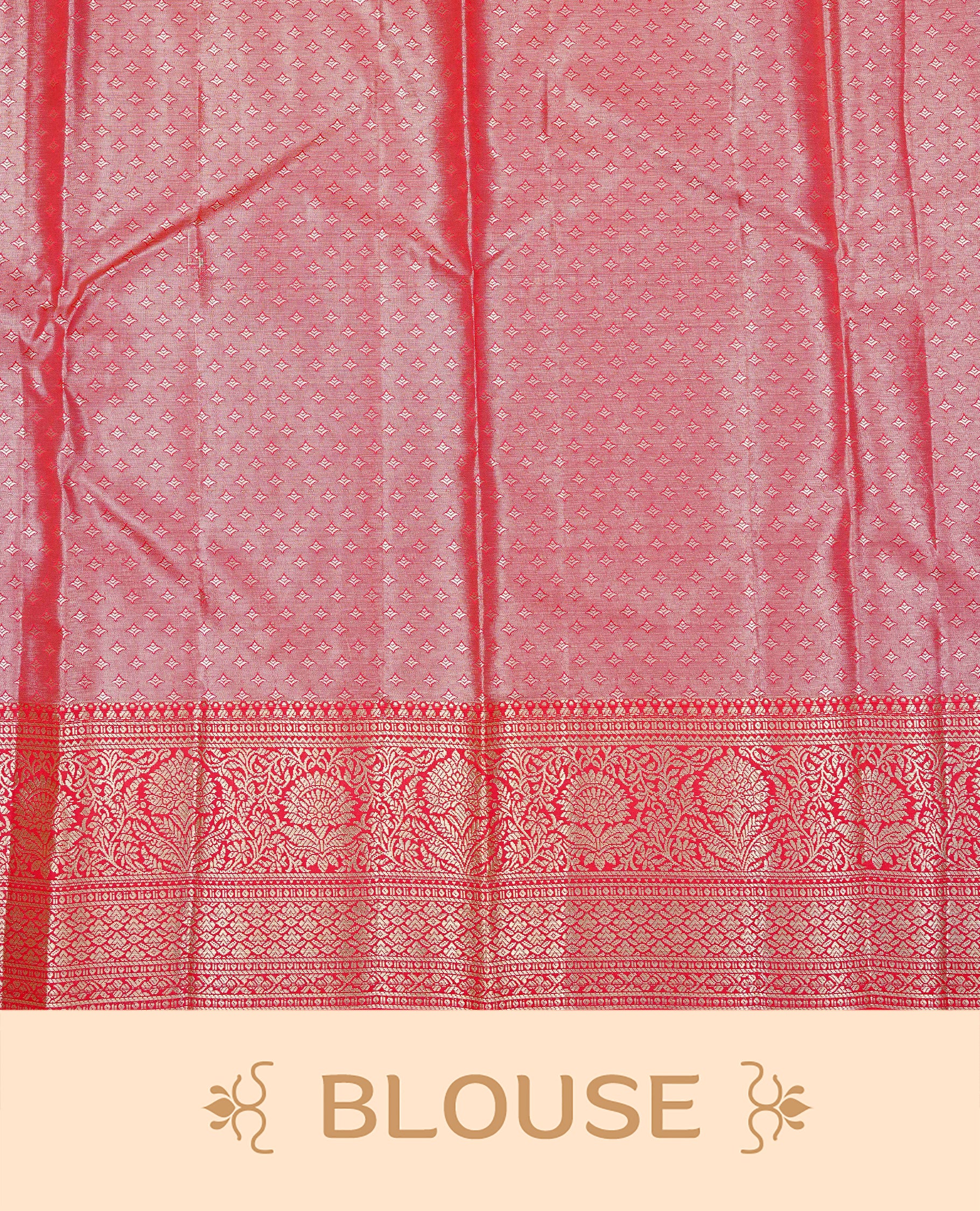 Light gold colour Semi tissue silk saree featuring Gold & Red zari kodi pattern on body, Contrast Red colour with traditional border, paired with matching.