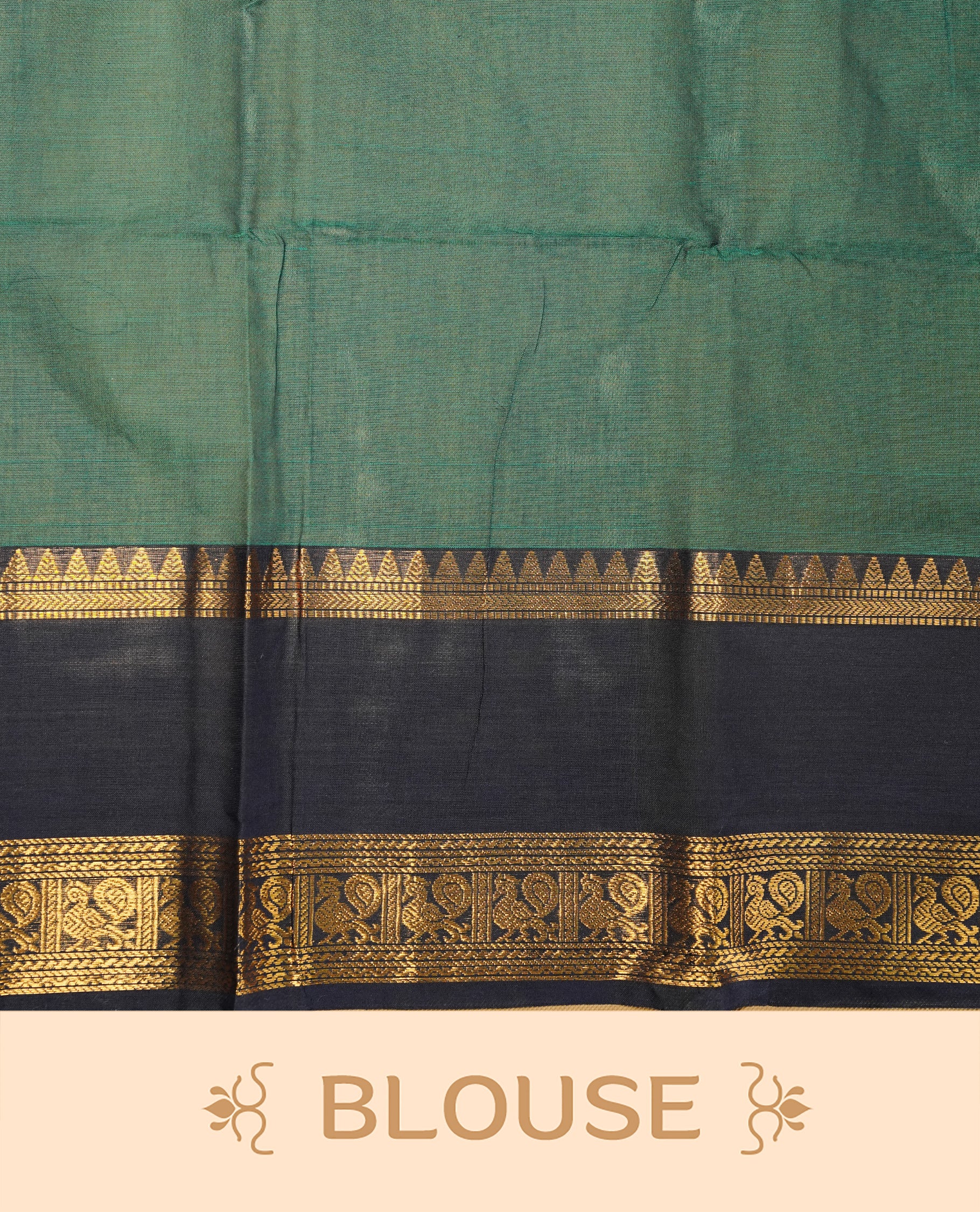 Teal green Colour Chettinad cotton saree featuring Gold zari motifs on body , complemented by contrast blue colour with traditional border, comes with matching blouse piece.