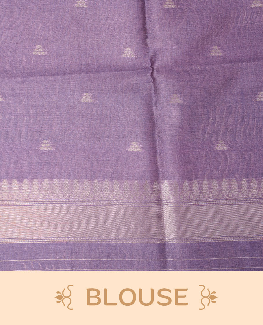 Lavender colour semi tussar silk saree, featuring an intricate gold zari floral kodi pattern on the body and pallu, comes with matching blouse.