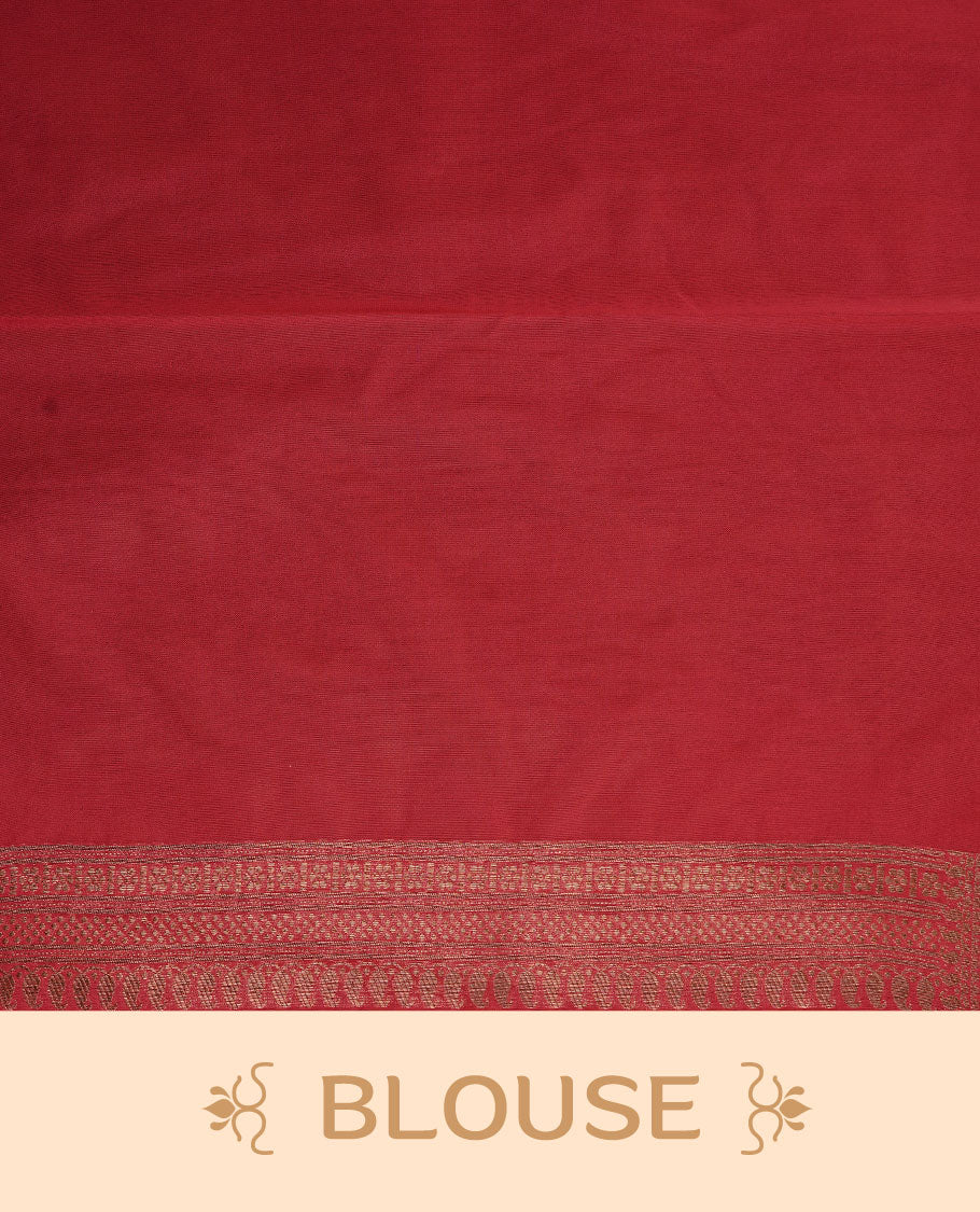 Rani pink colour semi banaras katan saree featuring Gold zari Pattern across body, complemented by self colour with zari border, paired with matching blouse piece.