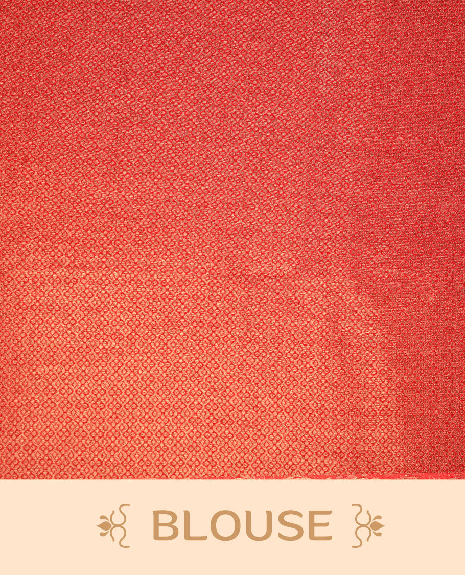 Red colour semi soft silk brocade saree featuring an all-over geometric woven body, finished with a finely detailed traditional border and a coordinated blouse.