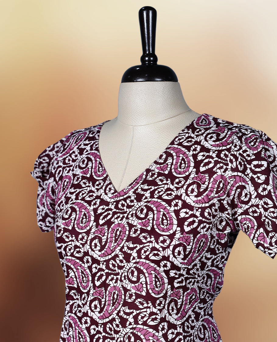 Chic printed nightwear featuring a deep grape colour and white paisley design, V neckline and short sleeves offer comfort, while the flared hem adds grace & Perfect for everyday wear or semi casual occasions.