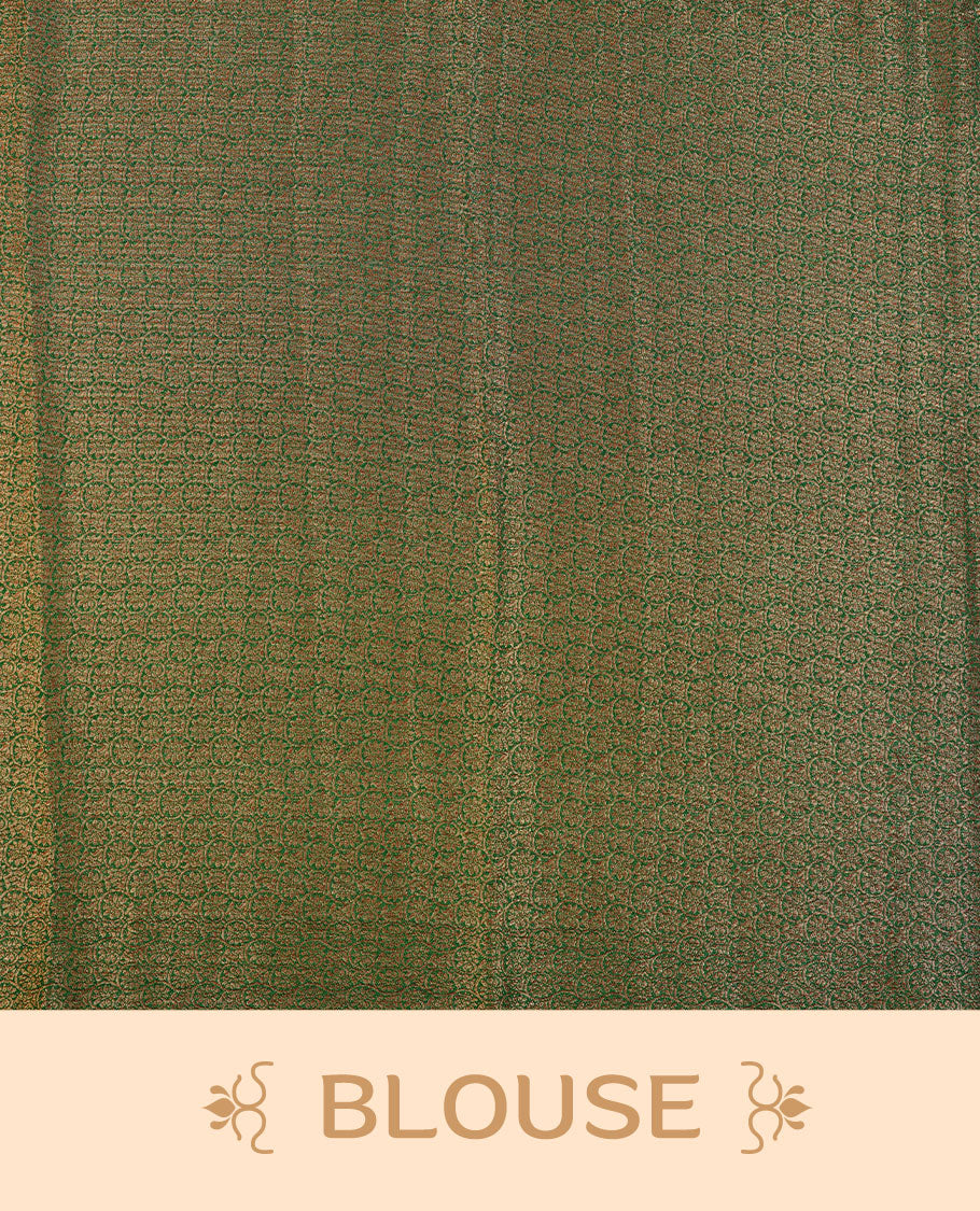 Green colour semi banaras tussar silk saree highlighting gold zari bird motifs on body, complemented by self colour with antique zari border, paired with matching blouse piece.