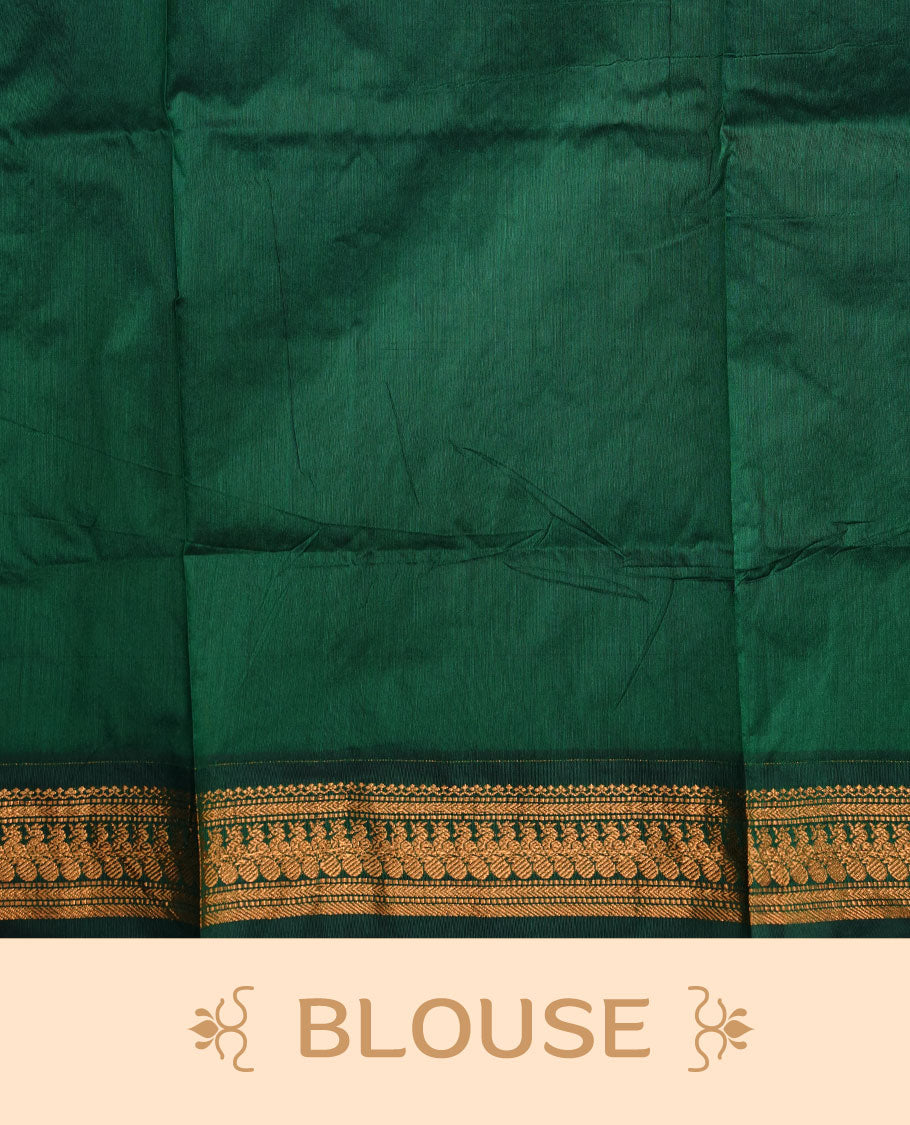 Red colour kalyani cotton saree featuring antique zari motifs on body, complemented by Green colour with Antique zari border, paired with matching blouse piece.