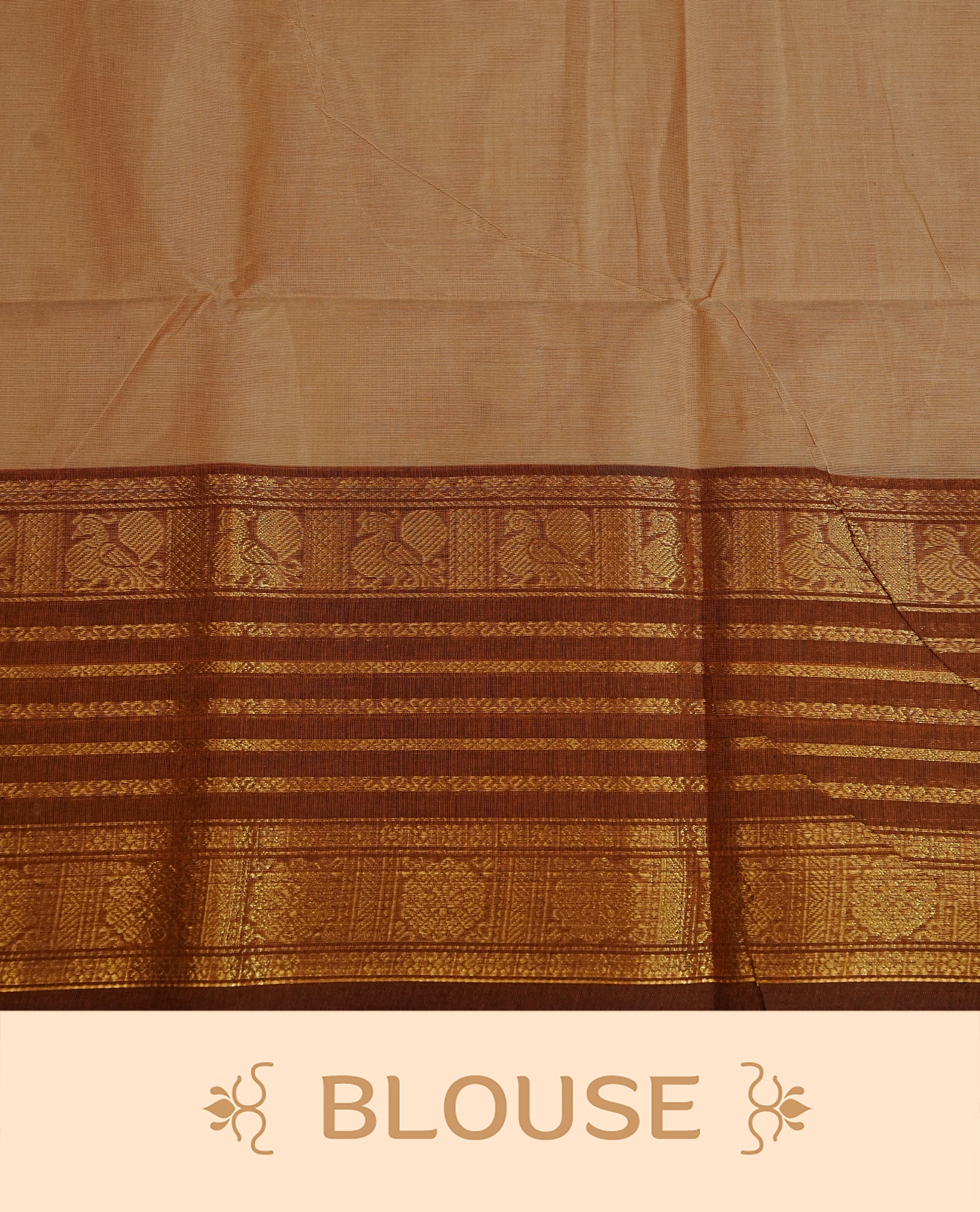 Cream colour chettinad cotton saree featuring Elegant plain body, complemented by contrast brown colour with gold zari strip & peacock border, comes with matching blouse piece.