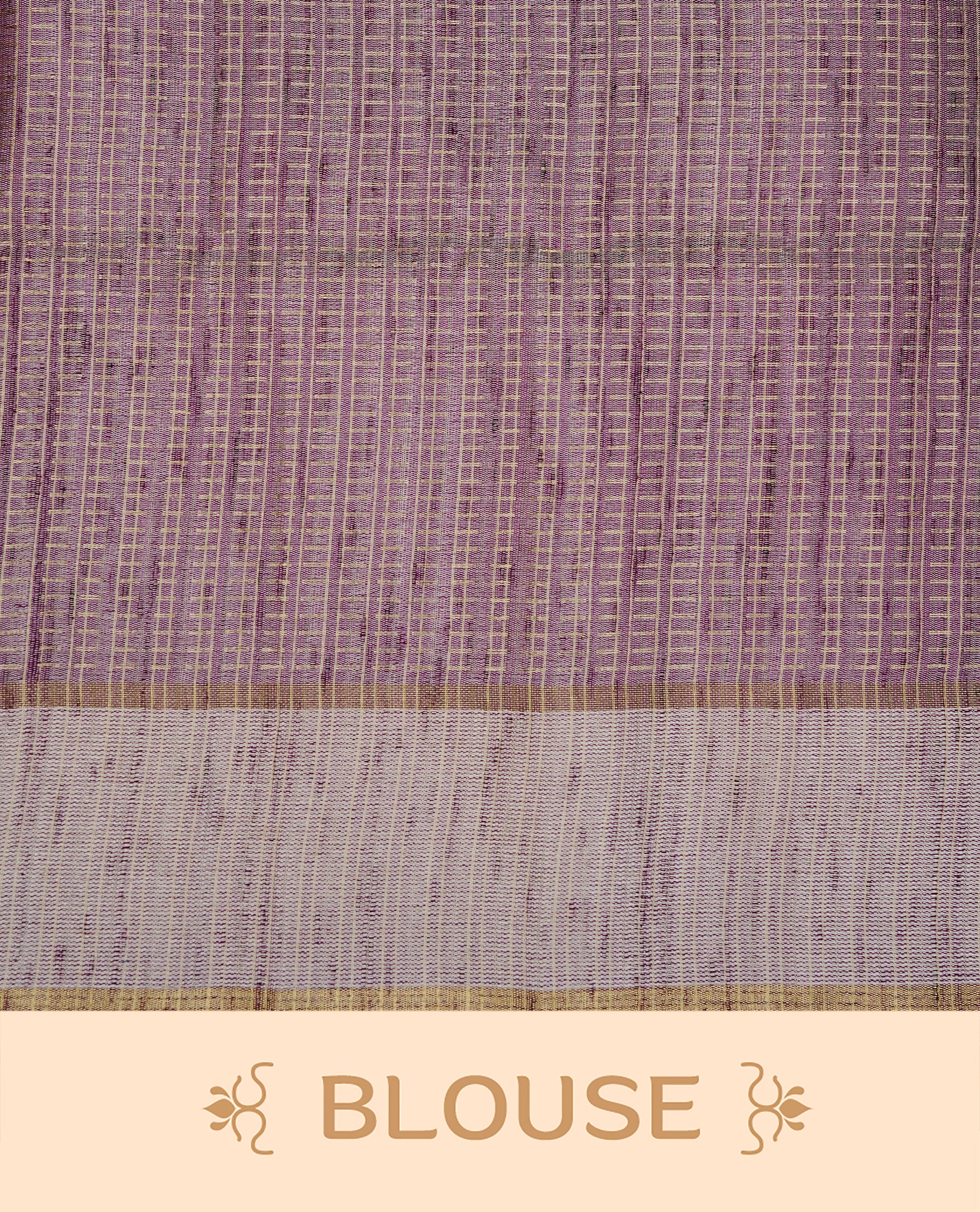 Lavender colour semi tussar silk saree featuring elegant gold zari dotted stripes across the body, enhanced with a rich zari woven border. Comes with a matching blouse piece.