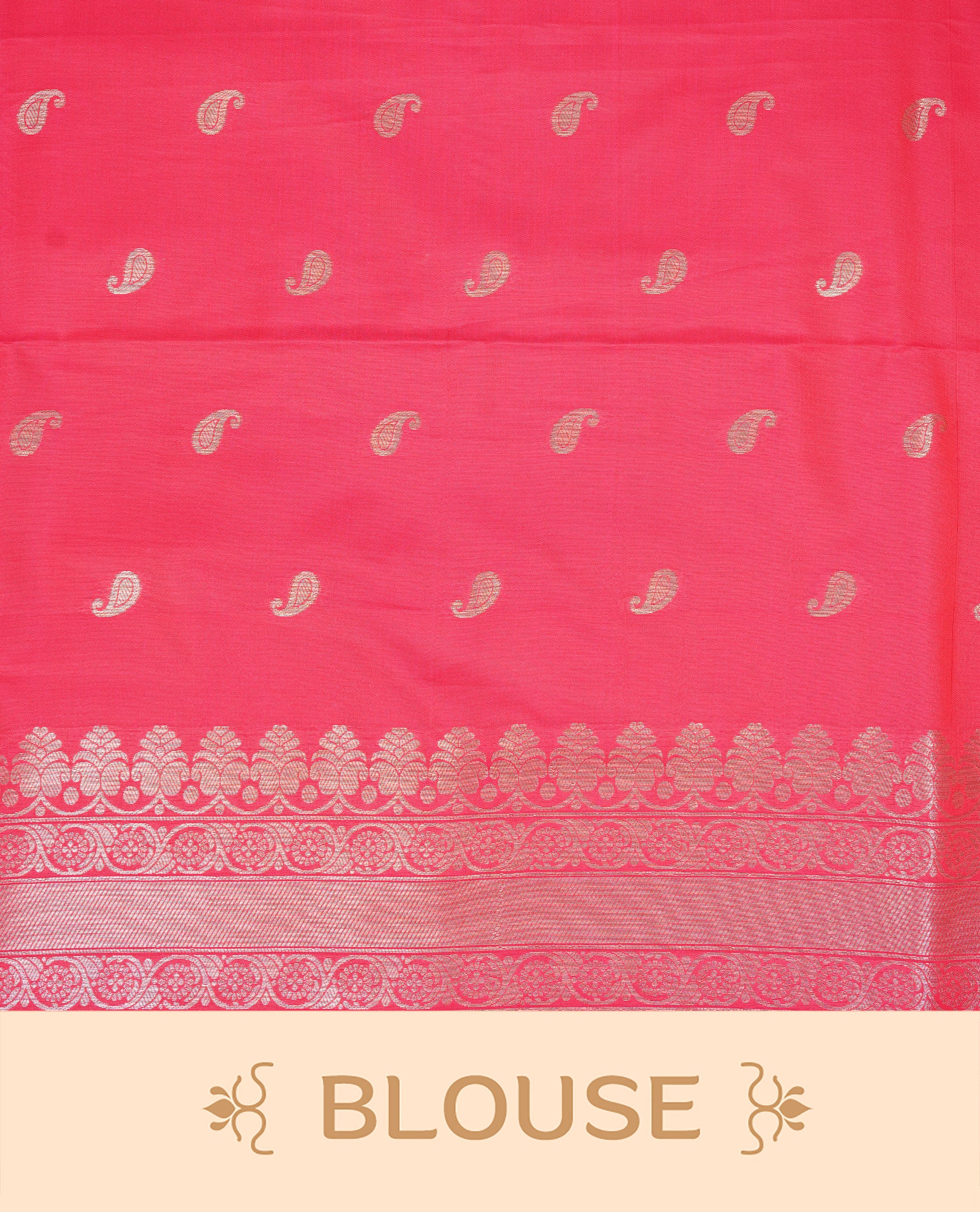 Rani Pink Colour Softie Silk Saree Featuring An All Over Gold Woven Leaf Pattern, Finished With A Matching Border Adorned With Intricate Paisley And Floral Motifs, Paired With A Matching Blouse Piece.