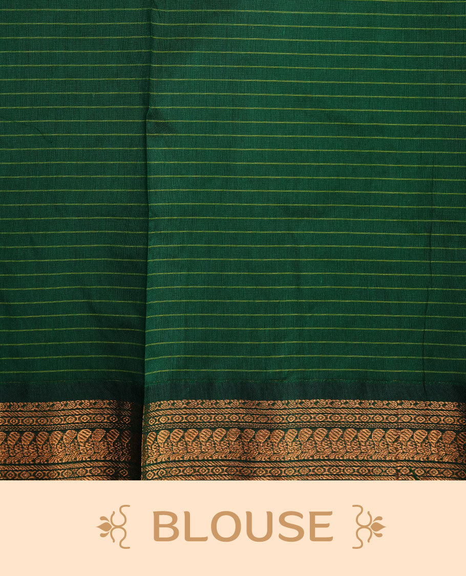 Pink colour kalyani cotton saree featuring gold zari check pattern on body, complemented by green colour with Antique zari border, paired with matching blouse piece.