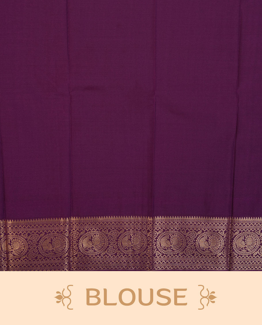 Teal colour semi silk saree highlighting gold zari check pattern and motifs across body, featuring contrast purple colour border with gold zari pattern, comes with matching blouse .