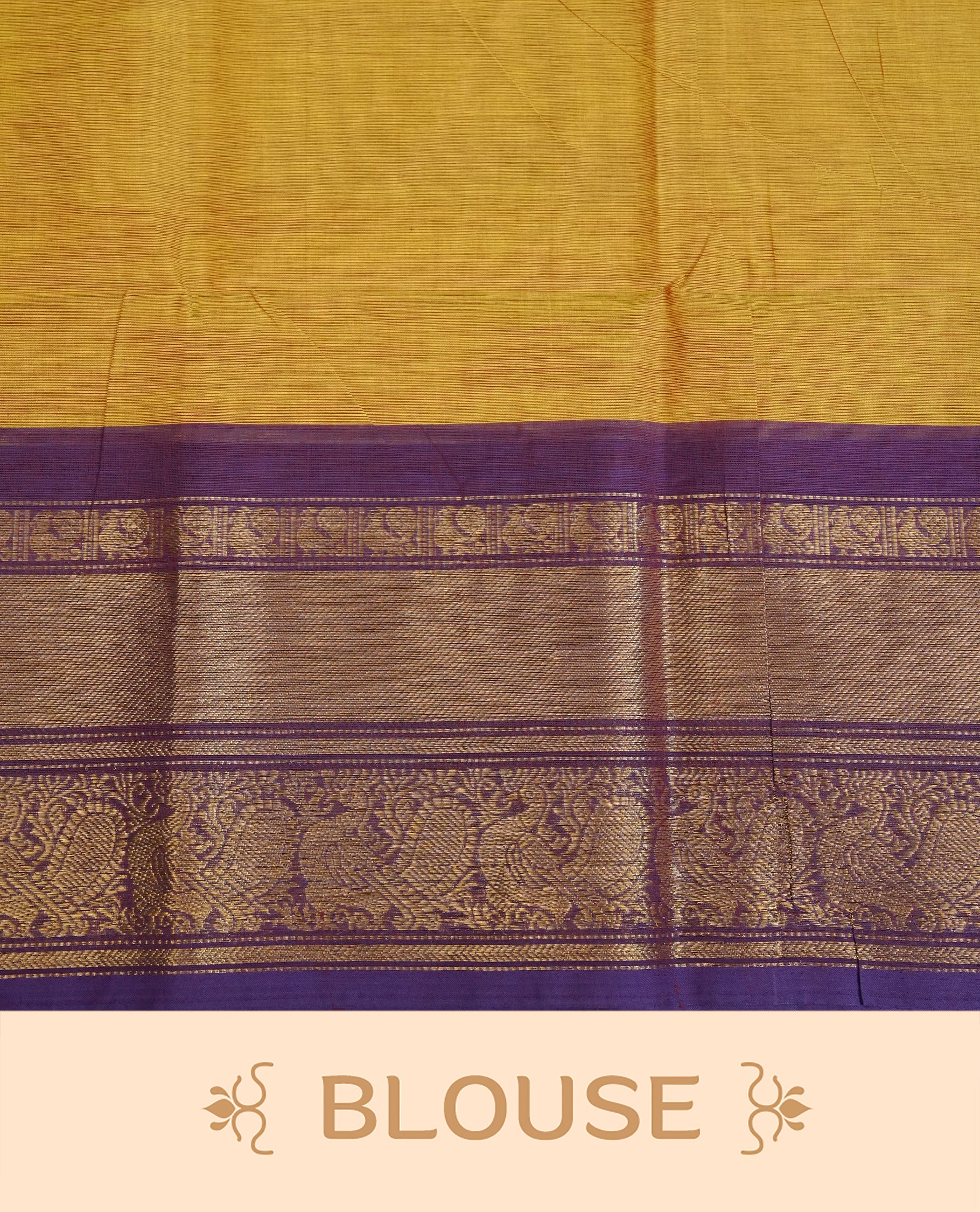 Lemon green colour chettinad cotton saree featuring Elegant plain body, Contrast Violet colour with Gold zari border, comes with matching blouse piece.