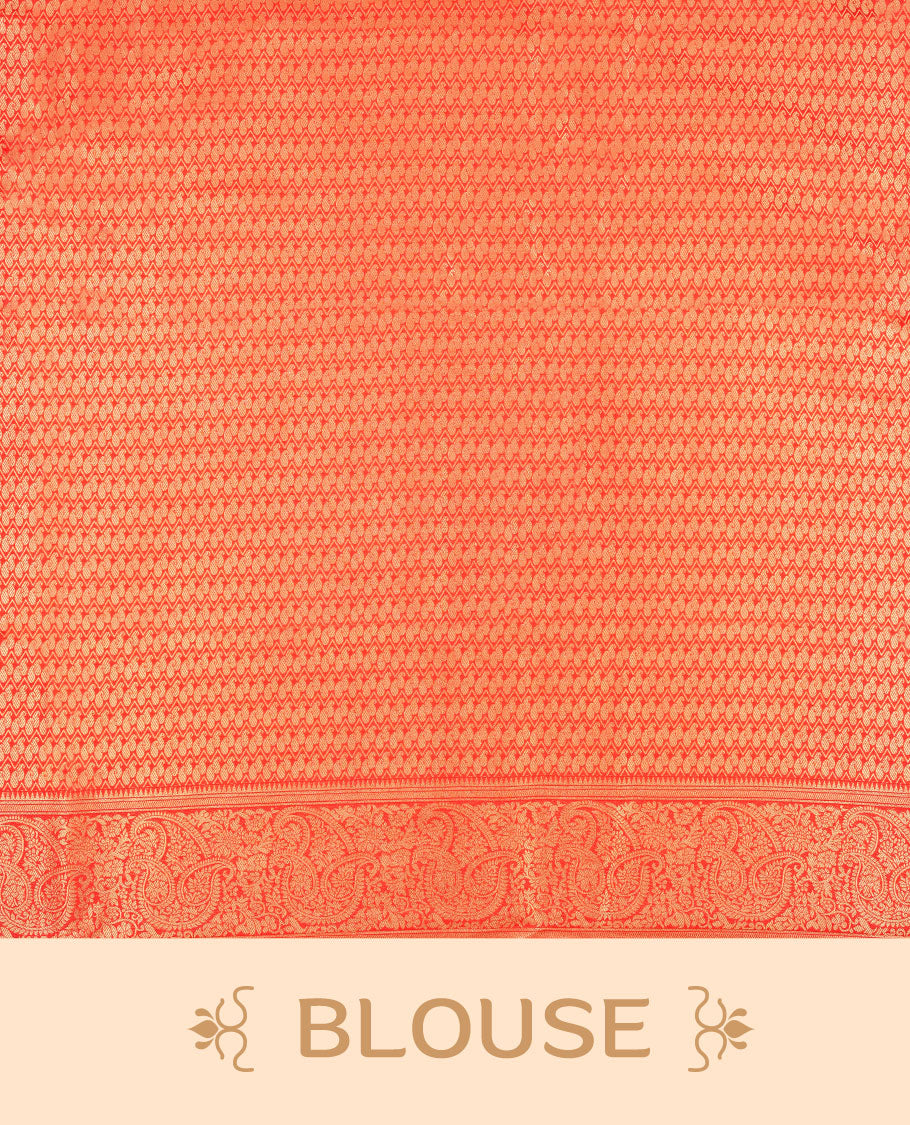 Green colour semi silk brocade saree featuring intricate Gold Floral kodi & leaf patterns across the body, complemented by a contrast red colour woven border and pallu, paired with a matching blouse.