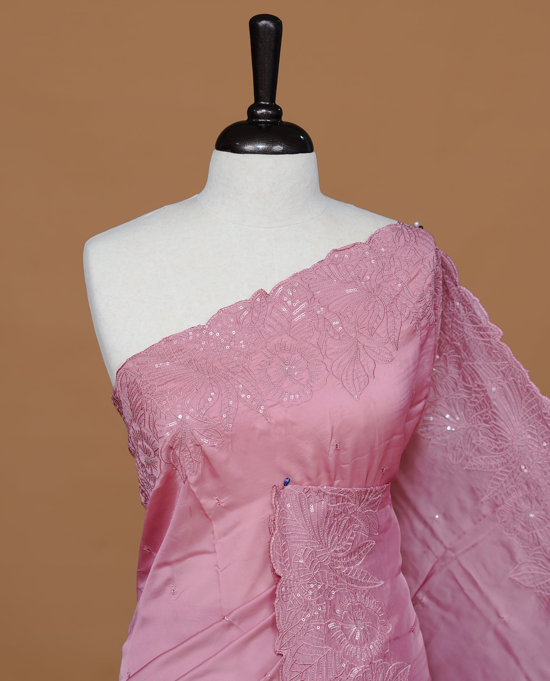 Pastel Pink colour Designer saree featuring Elegant Thread & sequins on body, complemented self colour thread & Sequins scalp border, paired with matching blouse piece.