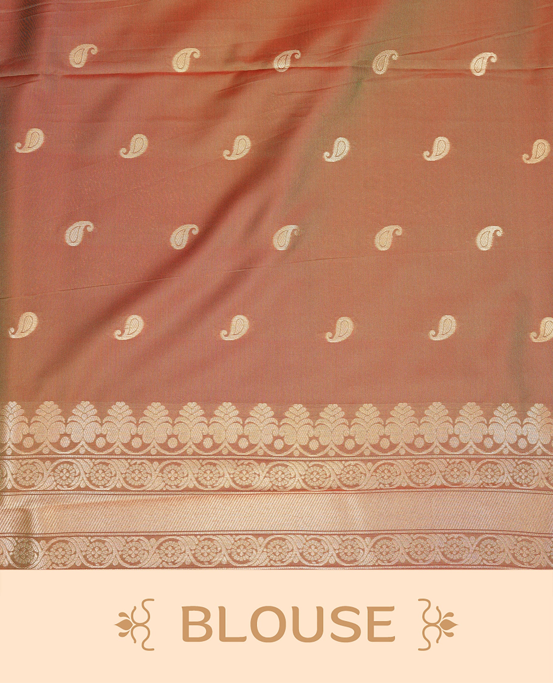 Green & Brown Dual Colour Softie Silk Saree Featuring An All Over Gold Woven Leaf Pattern, Finished With A Matching Border Adorned With Intricate Paisley And Floral Motifs, Paired With A Matching Blouse Piece.