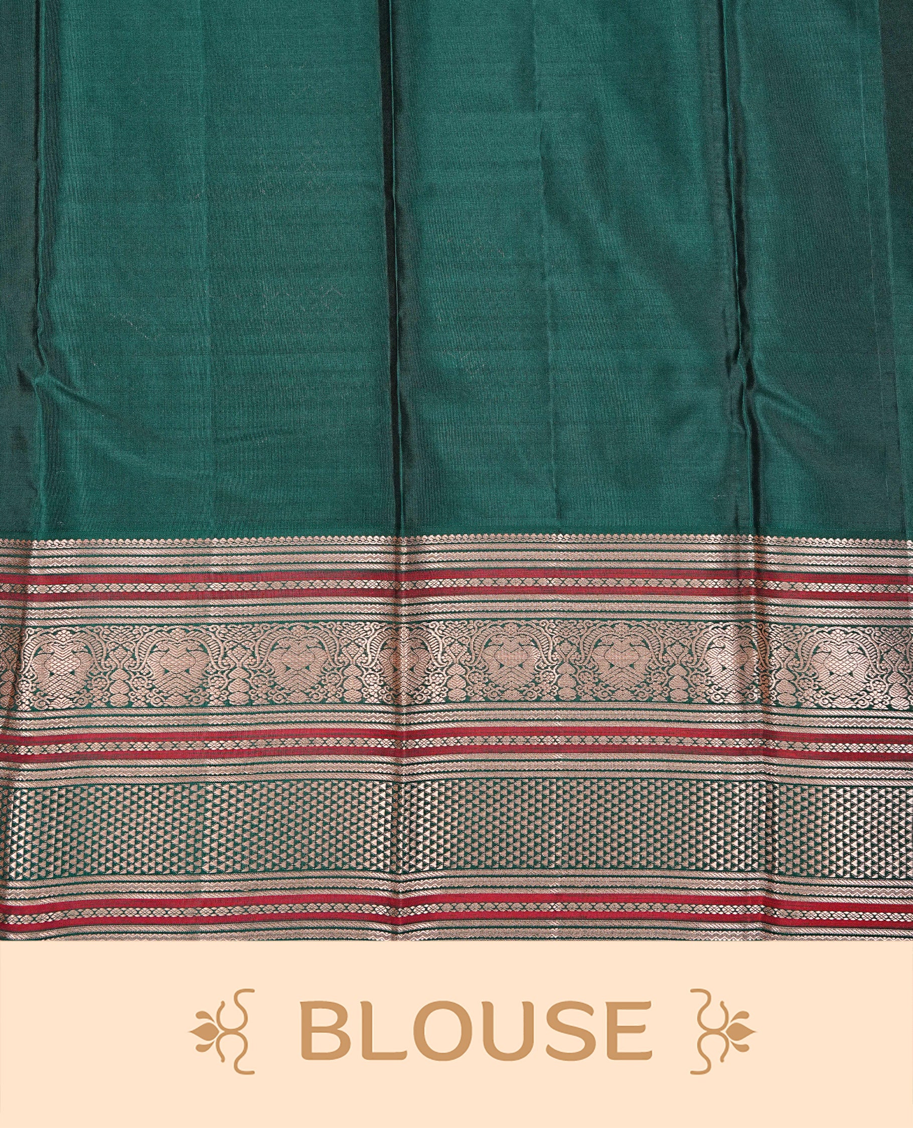 Purple colour Kancheepuram Silk saree featuring Gold zari Peacock motifs & check pattern on body, Enlighting contrast green Colour with Gold zari traditional border, paired with a matching blouse piece.