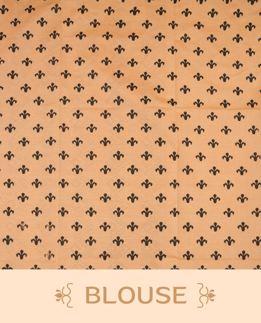 Pastel Orange colour poly cotton saree with black vertical dotted line pattern on the body, paired with a matching pallu featuring black zigzag geometric border, and a coordinated all‑over black stylised fleur‑de‑lis printed blouse piece.