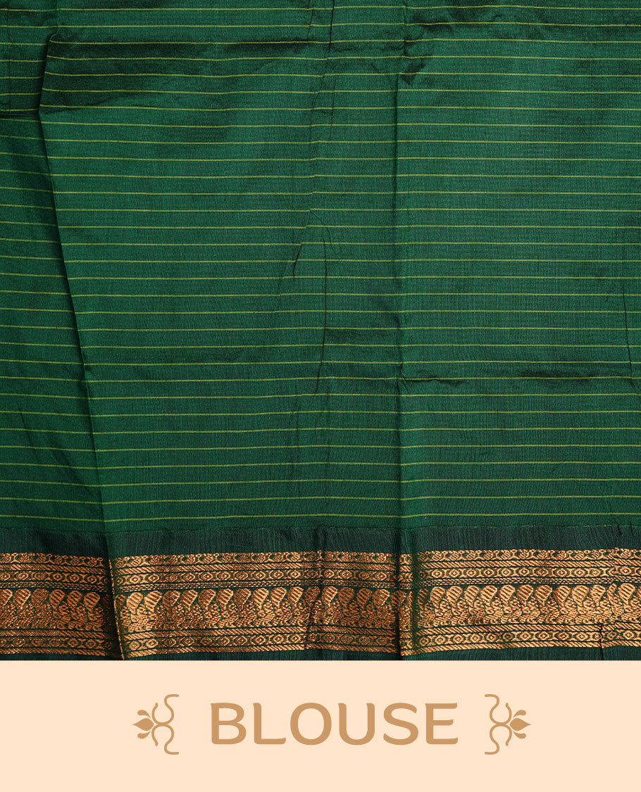 Lavender colour kalyani cotton saree featuring gold zari check pattern on body, complemented by green colour with Antique zari border, paired with matching blouse piece.