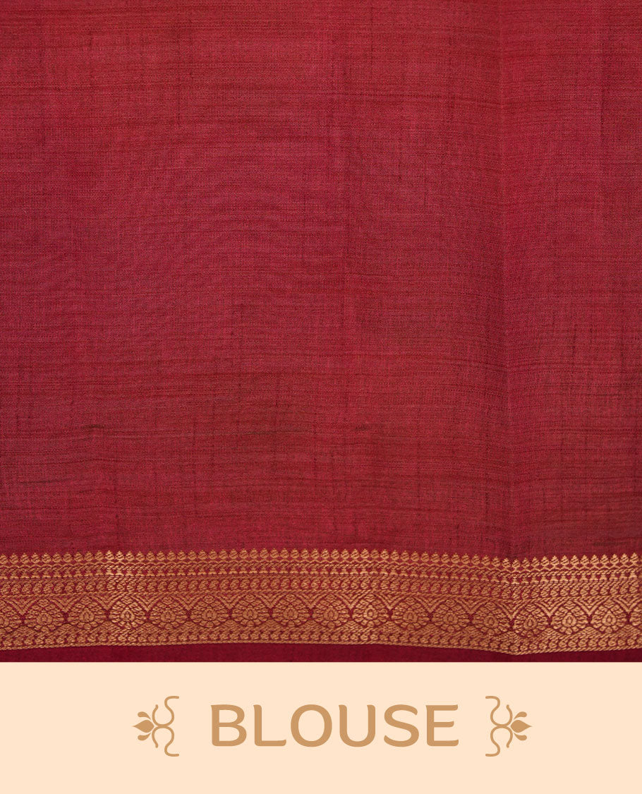Green colour semi tussar saree featuring elegant plain body, contrast maroon colour gold zari border and comes with matching blouse piece.