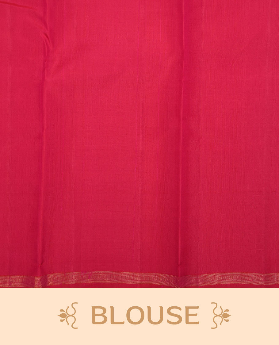 Pani Pink colour pure traditional Kancheepuram silk saree adorned with an elegant zari elephant motif on the body, complemented by a simple gold zari woven border paired with a matching blouse piece.