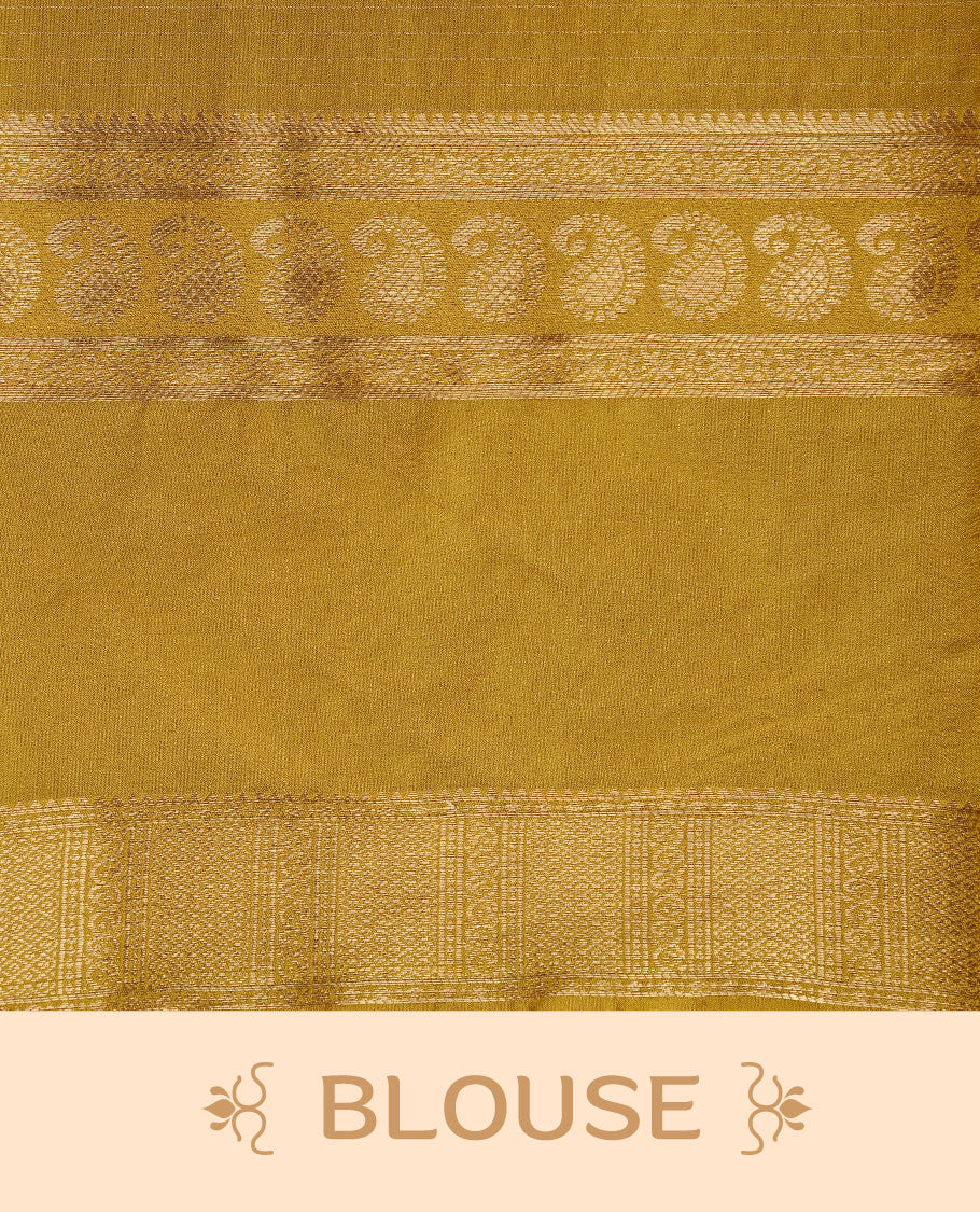 Maroon colour semi georgette saree featuring gold zari check pattern on body, complemented by contrast olive colour with zari border, paired with matching blouse piece.