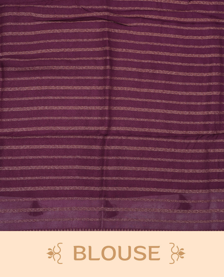 Chocolate brown colour semi banaras tussar georgette featuring gold zari leaf pattern across body, finished with gold zari border and paired with matching blouse.