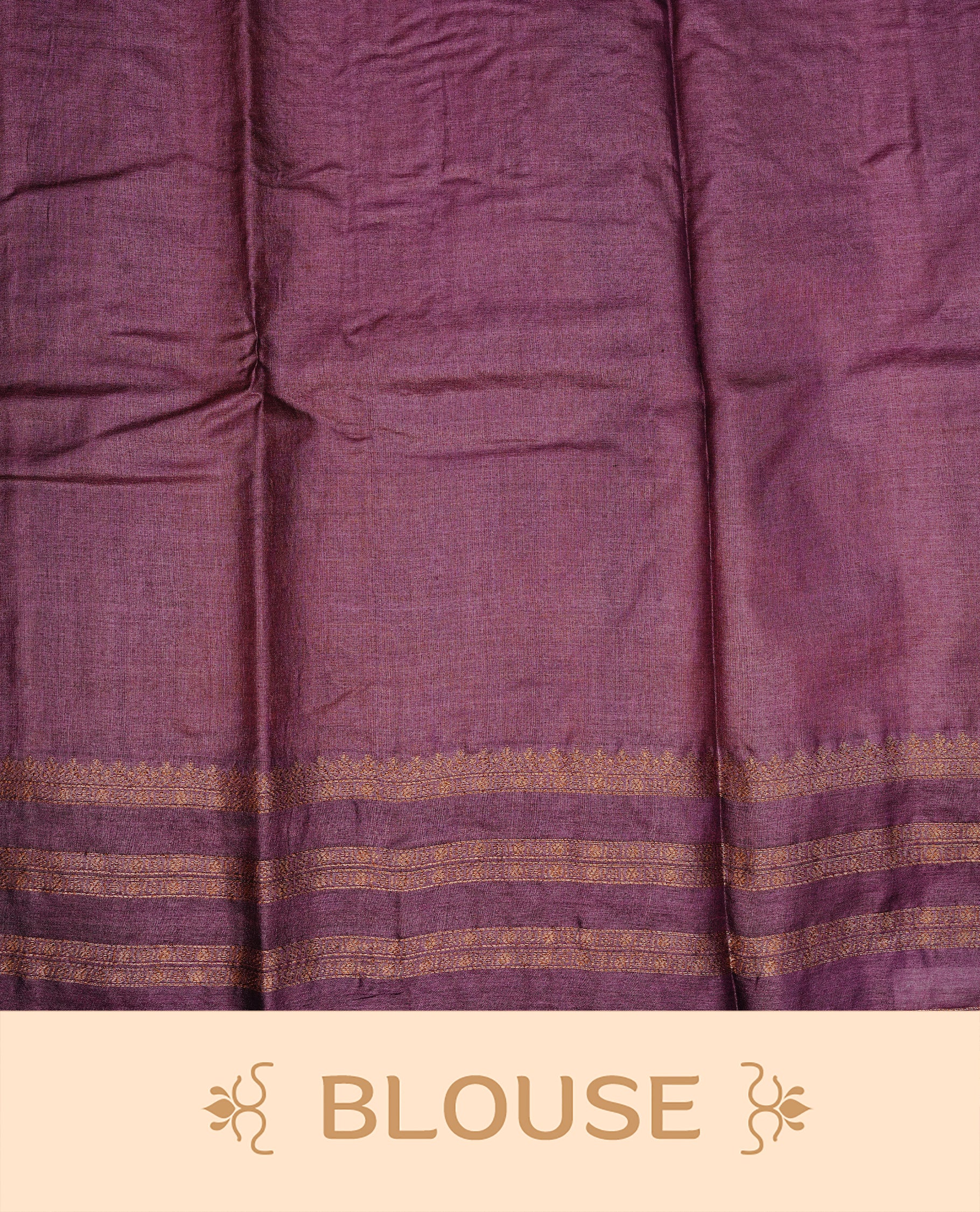 Mustard colour pure tussar banaras silk saree featuring gold zari motifs on body, highlighting contrast Purple colour with zari border, paired with matching blouse piece.