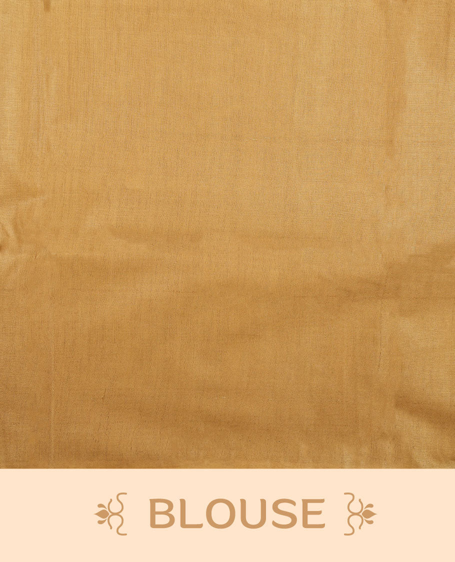 Gold colour semi jute saree highlighting gold zari striped body, without border and paired with matching blouse.