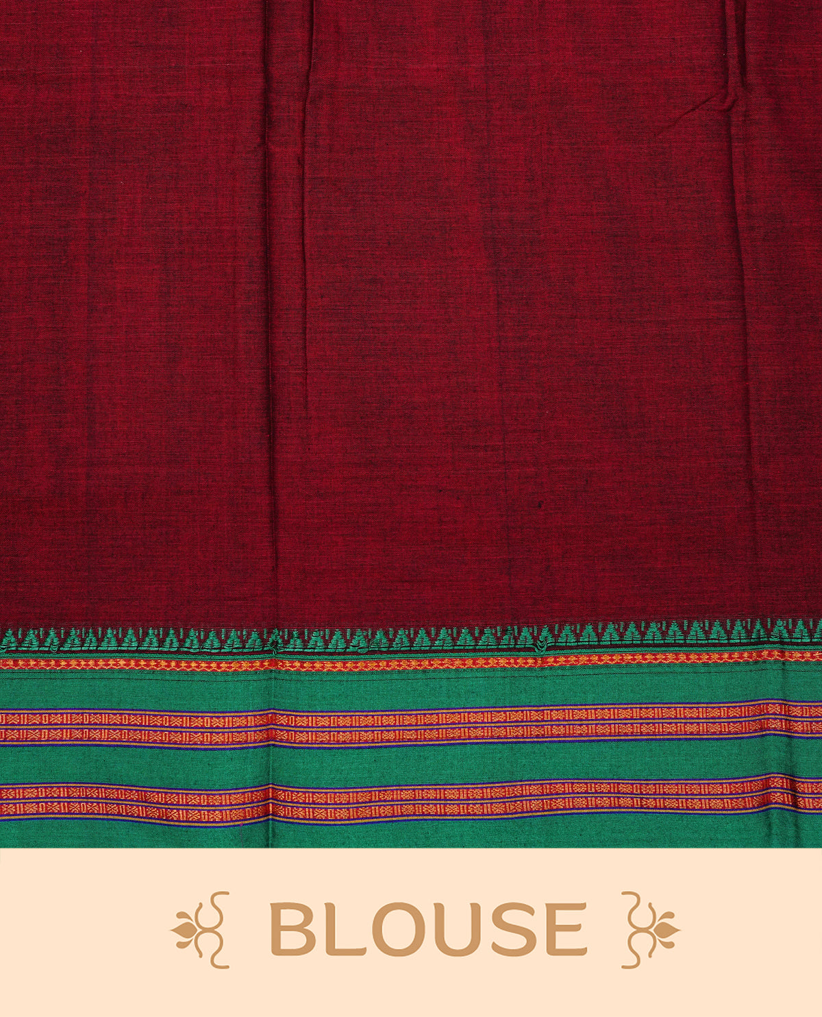 Maroon colour Narayanapattu cotton saree with a plain body, complemented by a Green colour with Gold Zari border & contrast pallu, paired with a matching blouse piece.