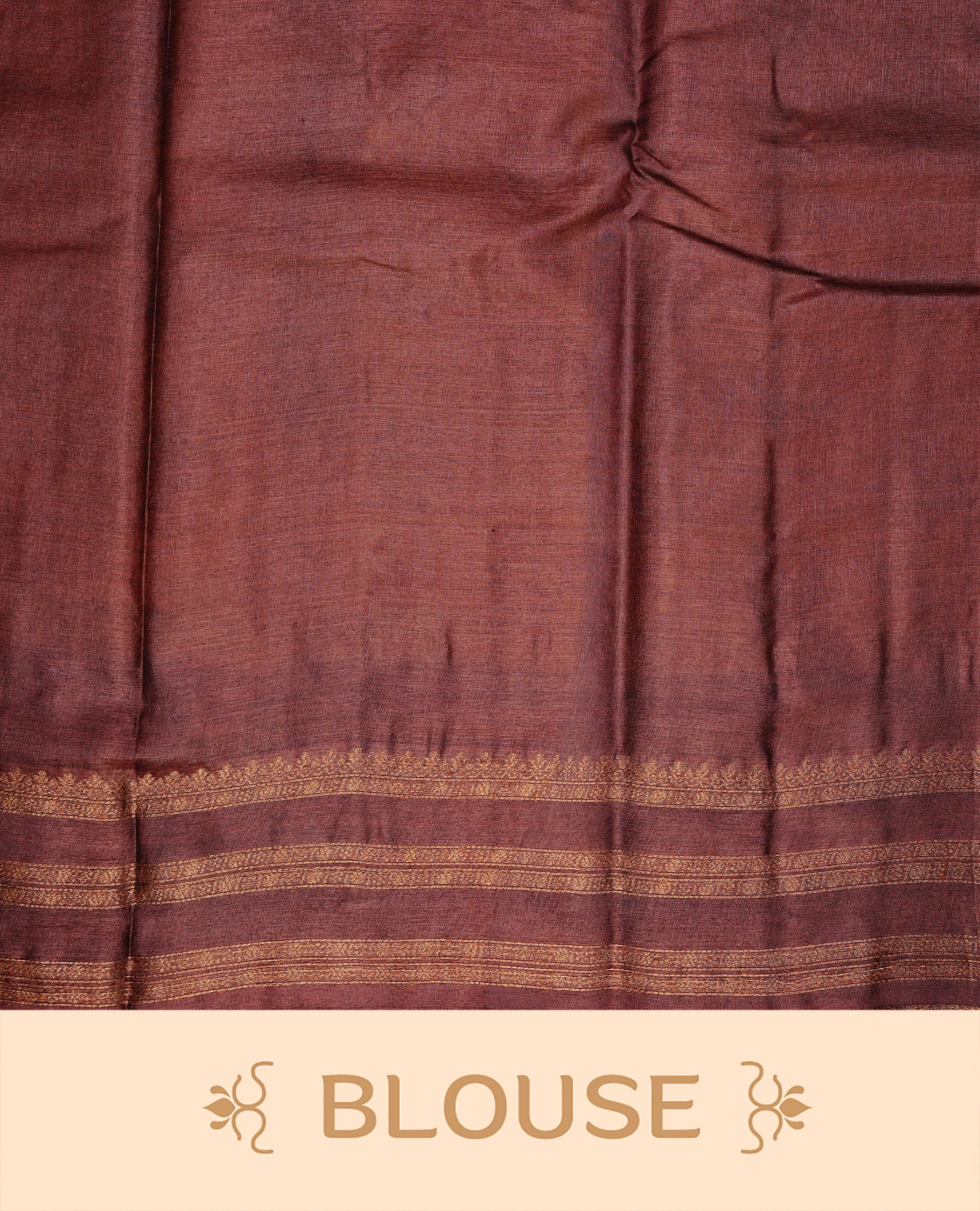 Mustard colour pure tussar banaras silk saree featuring gold zari motifs on body, highlighting contrast Chocolate colour with zari border, paired with matching blouse piece.