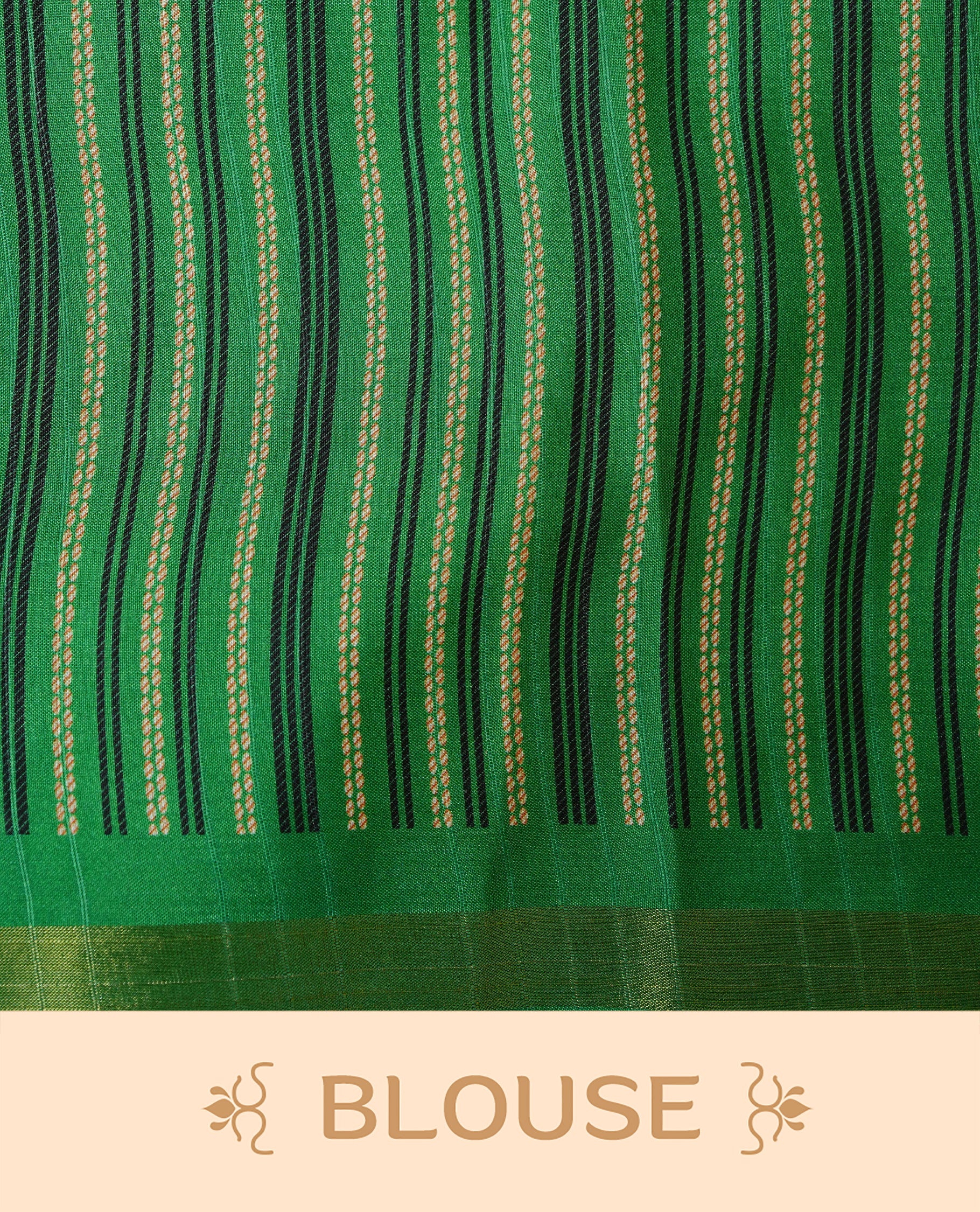 Black And Green Colour Kattan silk saree featuring buttas all over the body, a temple-designed border & a contrasting striped pallu with tassels. Paired with a matching contrast-striped blouse piece.