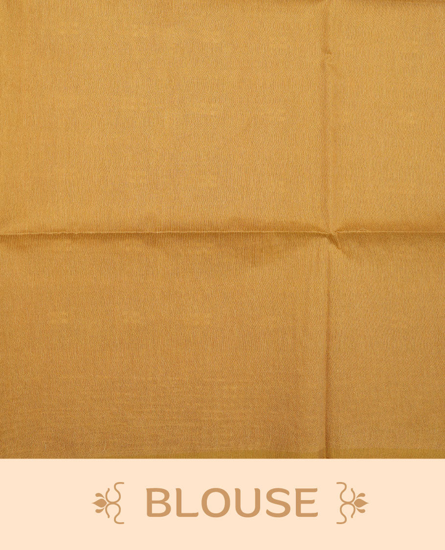 Mustard colour semi jute saree highlighting white thread motifs on body, without border and paired with matching blouse.