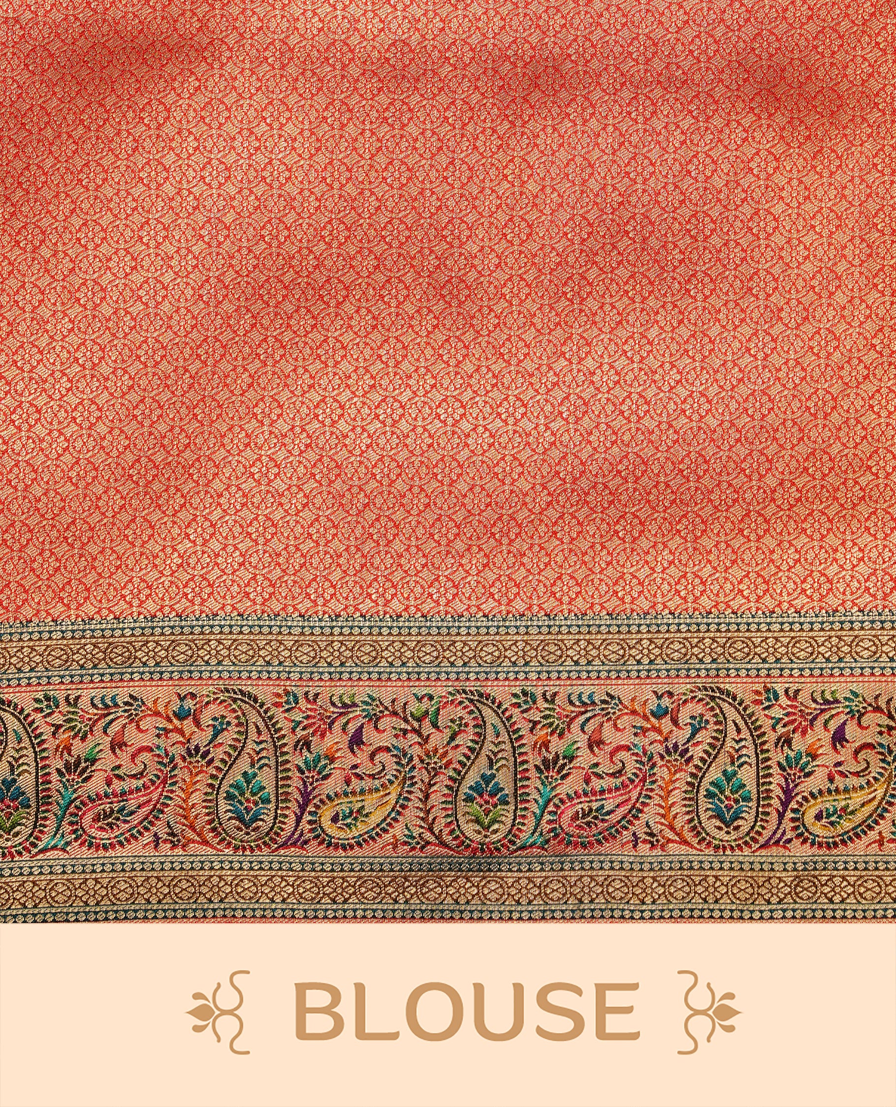 Bronze colour Pashmina Saree featuring a plain self textured body, a multicolour paisley woven border with red edging, an ornate multicolour paisley woven pallu, paired with a contrast red blouse with a matching woven border.