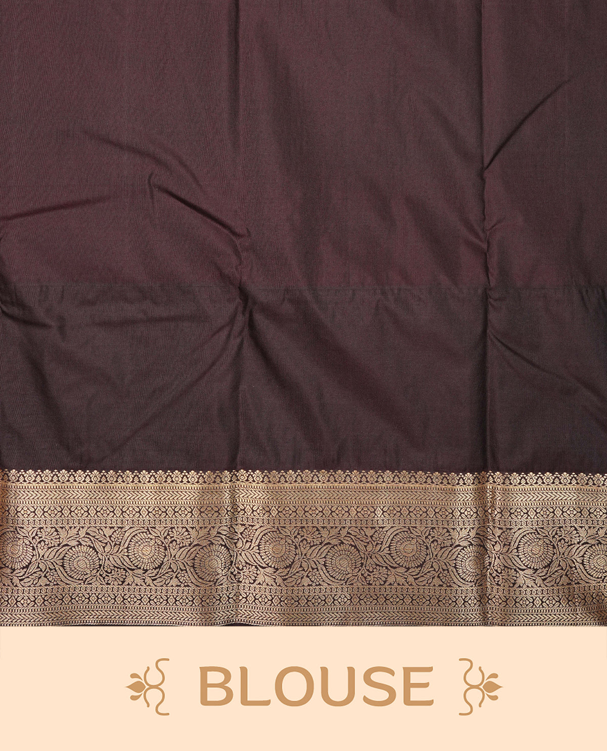 Light mocha colour semi wedding saree featuring gold zari motifs across the body, complemented by contrast Chocolate brown colour traditional border. Comes with a matching blouse piece.