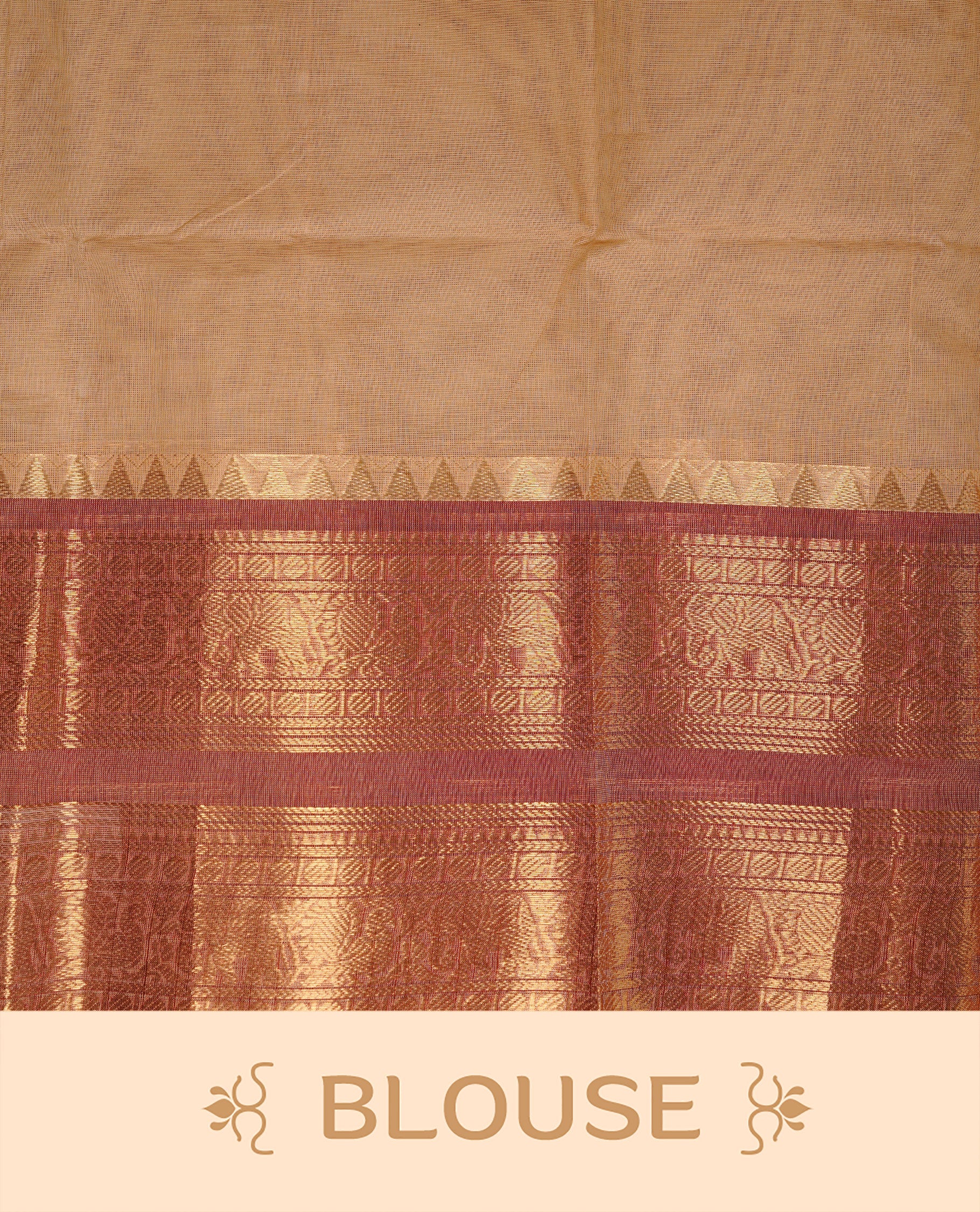 Sandalwood Colour chettinad cotton saree featuring Elegant plain body, complemented by contrast Brick red colour with gold zari border, paired with matching blouse.