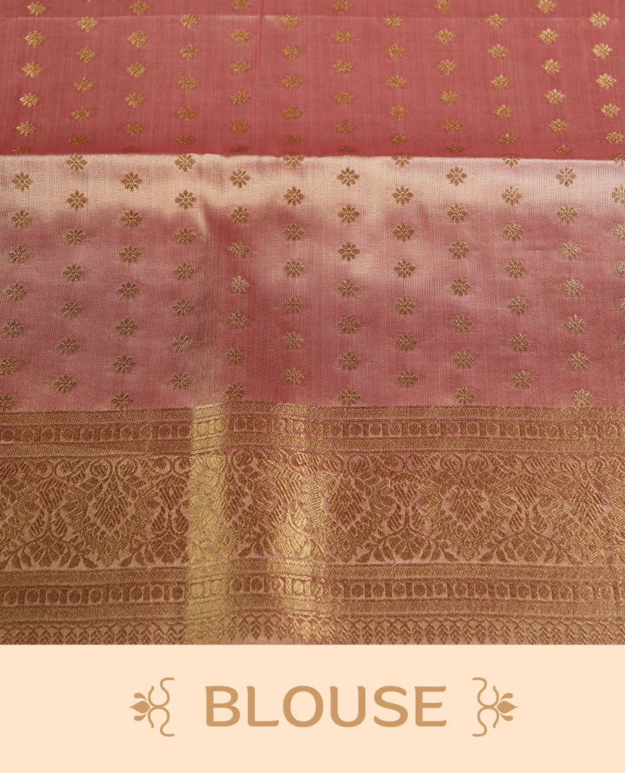 Dual tone peach and dark pink colour tissue brocade saree featuring antique gold zari motifs on the body with a rich traditional zari border and pallu, paired with a matching blouse piece.