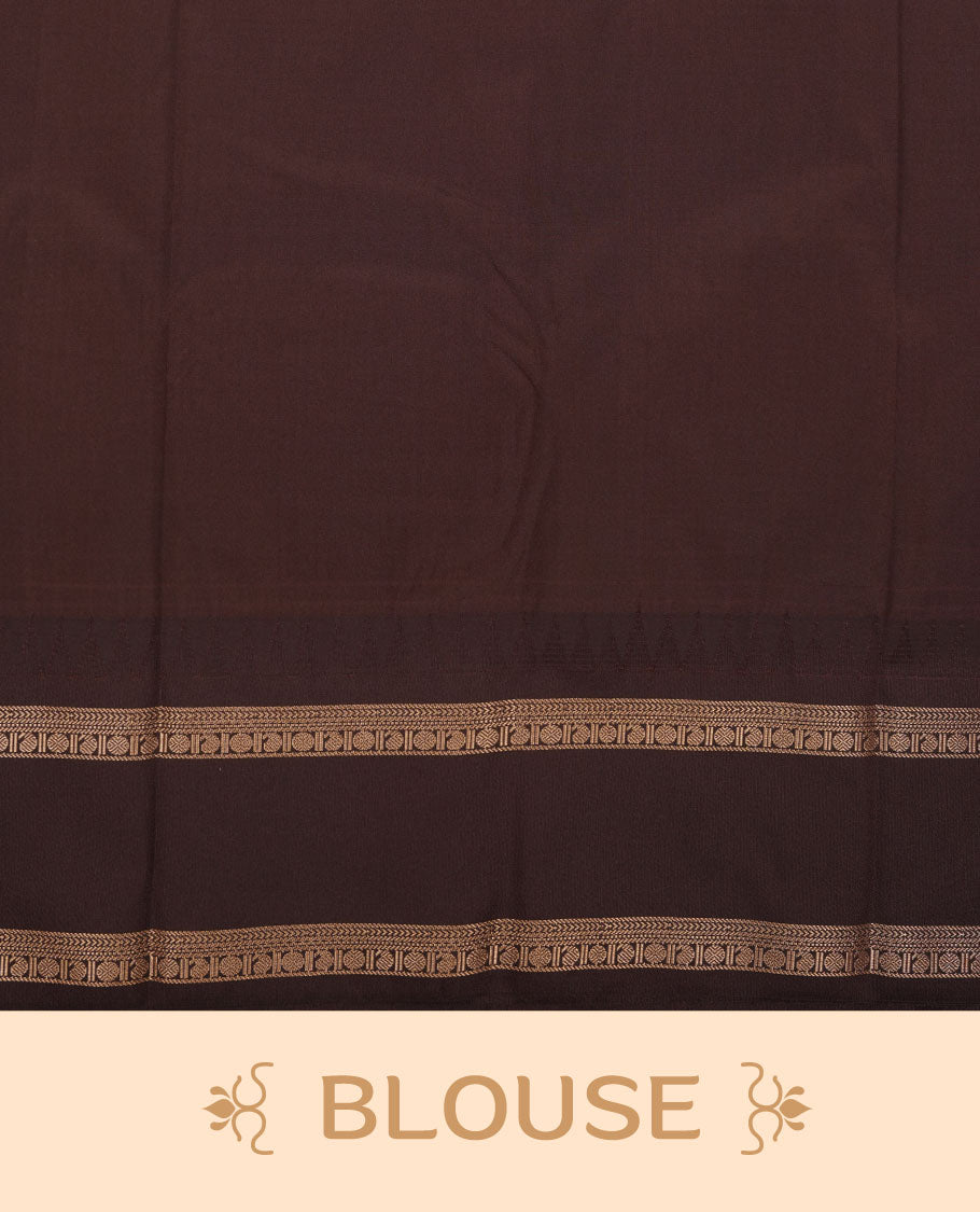 Dark Rust orange colour semi silk saree featuring gold zari checks with floral motifs on body highlighting contrast dark chocolate gold zari small mango border , paired with matching blouse