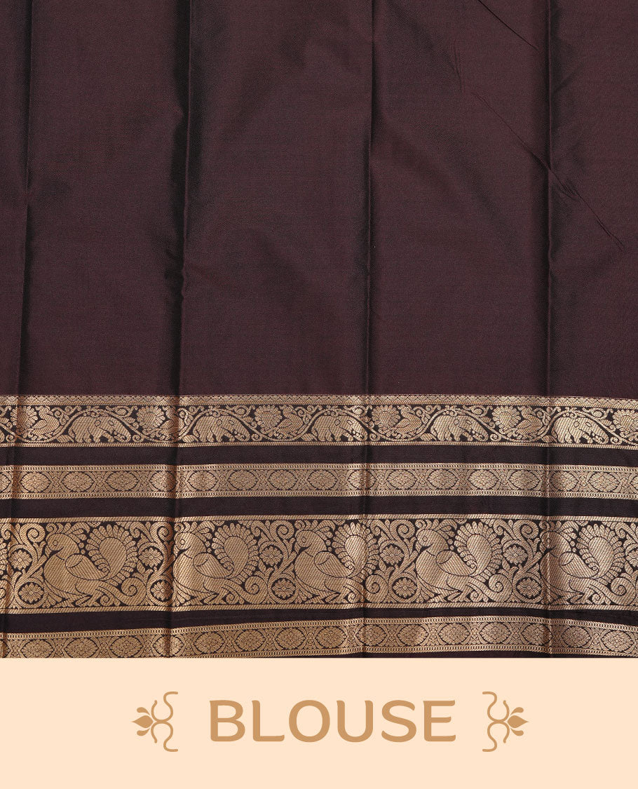 Olive colour soft silk saree featuring Gold zari motifs on body, complemented by contrast chocolate colour with traditional border, paired with matching blouse piece.