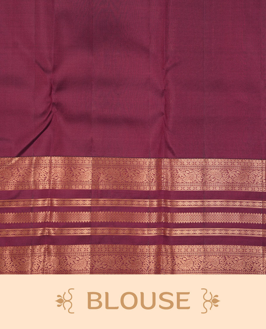 Wine maroon colour kancheepuram silk saree featuring Diamond pattern zari jacquard on body with traditional line border , paired with matching blouse piece.