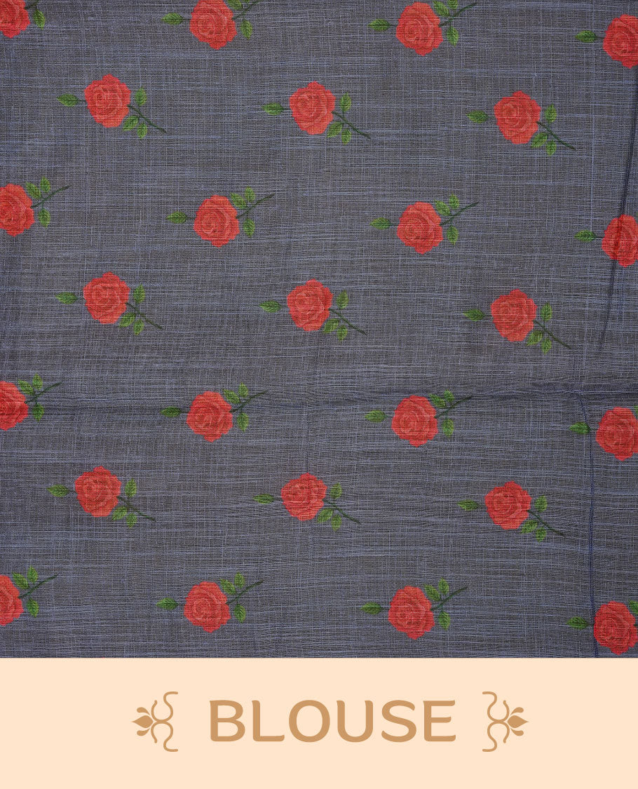 Grey colour Semi Linen saree featuring a stylish check pattern adorned with floral prints on the body, enhanced by a small gold border, paired with a matching blouse piece.