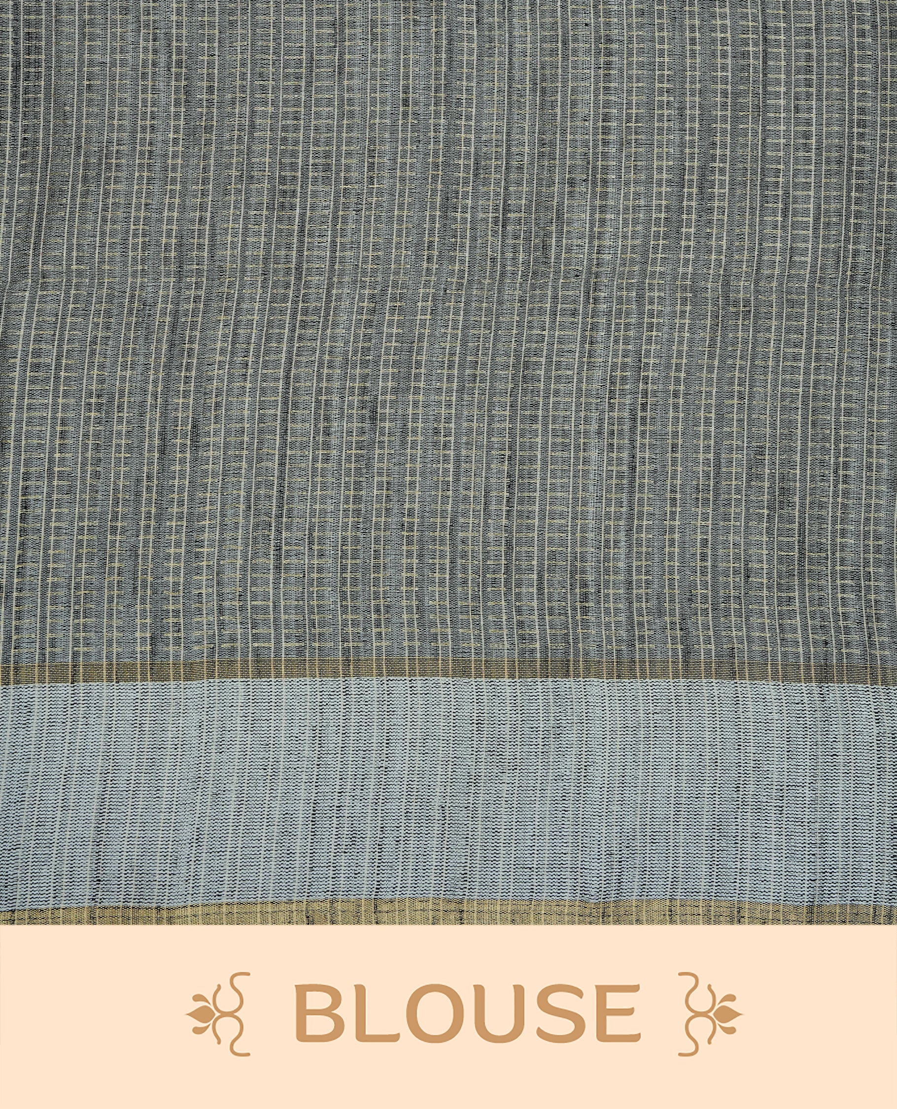 Grey colour semi tussar silk saree featuring elegant gold zari dotted stripes across the body, enhanced with a rich zari woven border. Comes with a matching blouse piece.