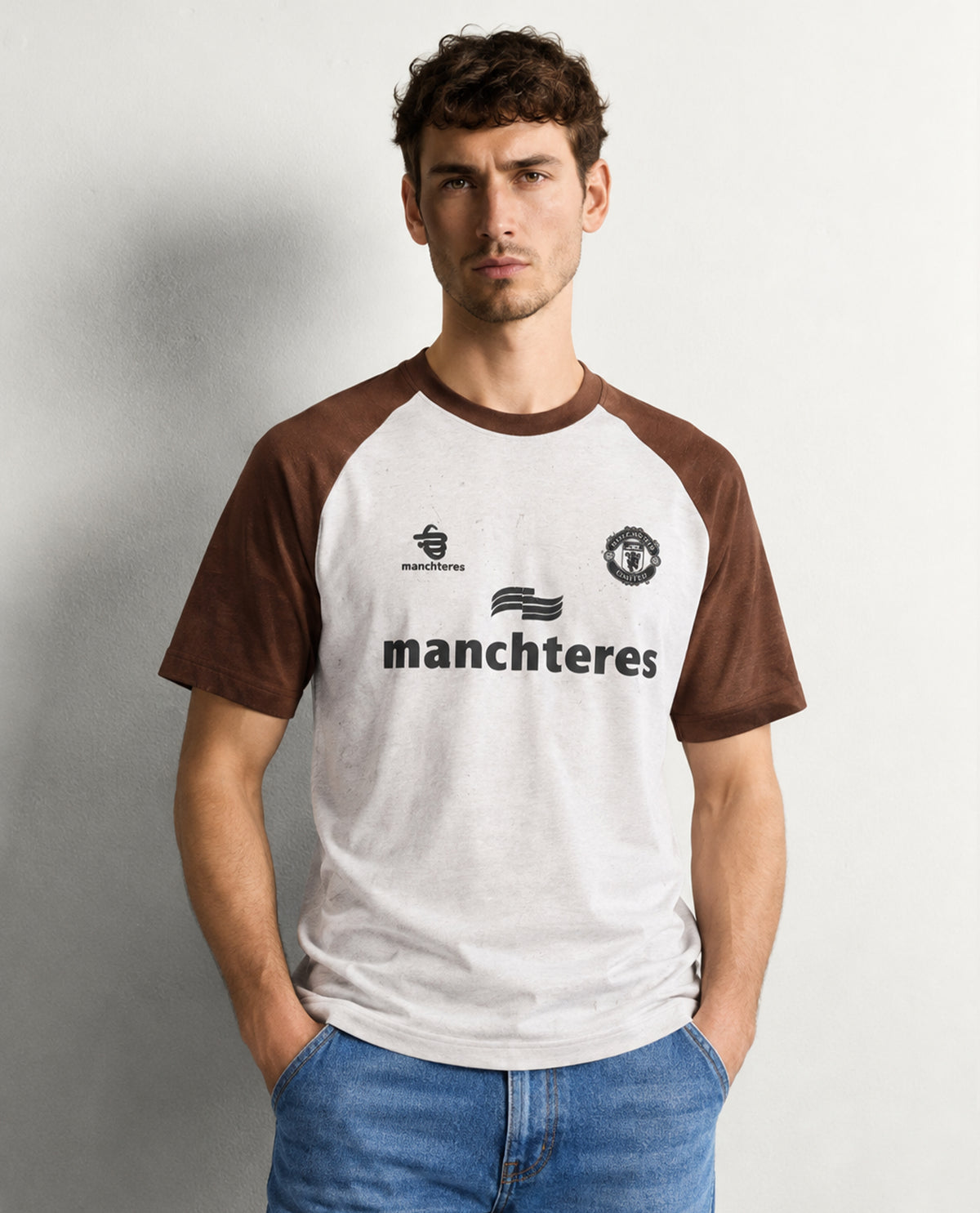 Grey colour Tshirt featuring round design neck, elegant Design body with a text & Brown colour on shoulder, Half sleeve.